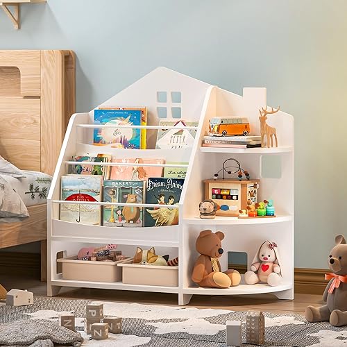 Miniatura 8 de Estantería infantil de 3 niveles, estante con forma de casa para habitaciones de niños, guardería, estantería Montessori, estante para libros para