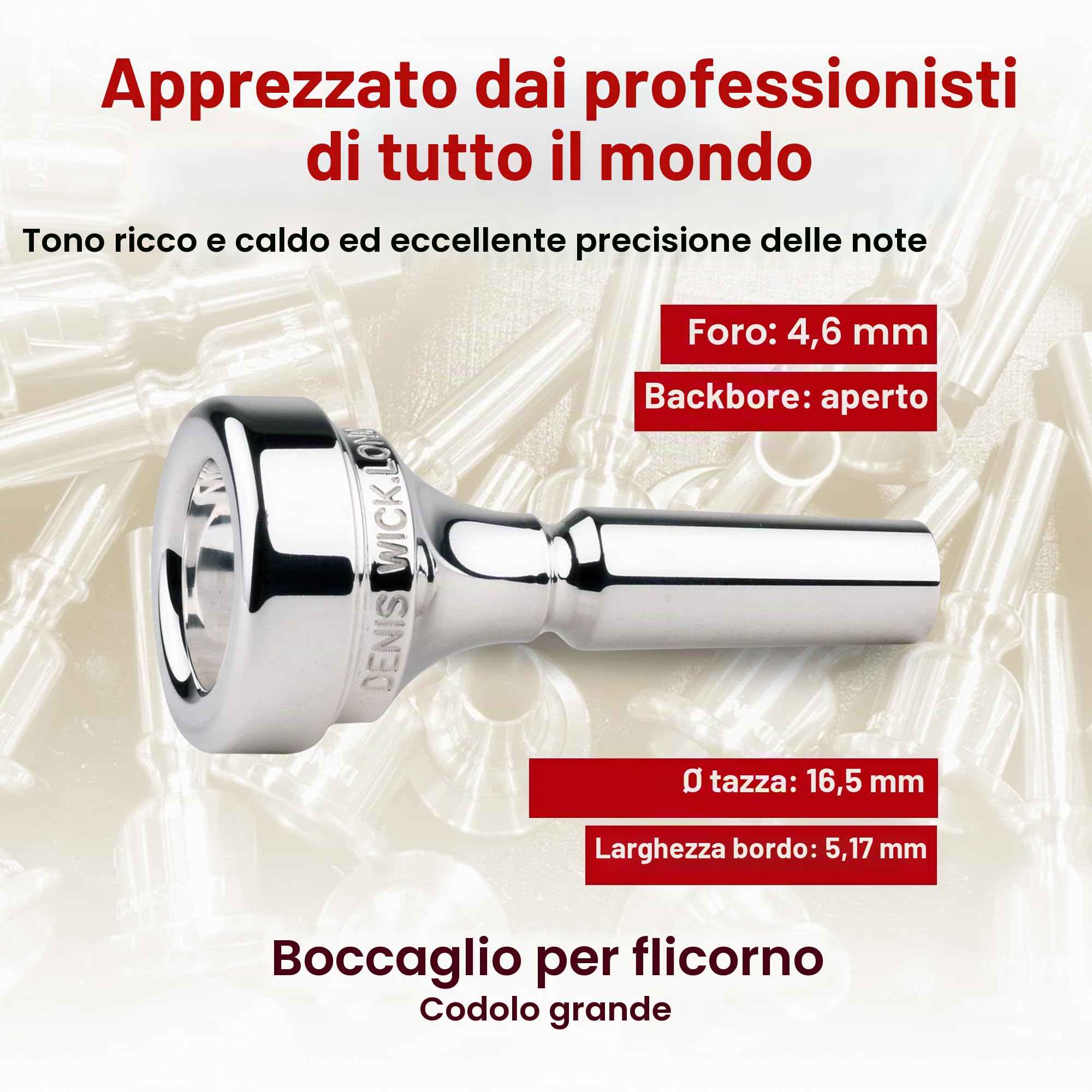 DENIS WICK – 5884-4FL, Bocchino Flicorno Classic Silver Plated, Tazza Profonda 16.5 mm, Suono Caldo, Alta Stabilità Intonazione, Gambo Largo