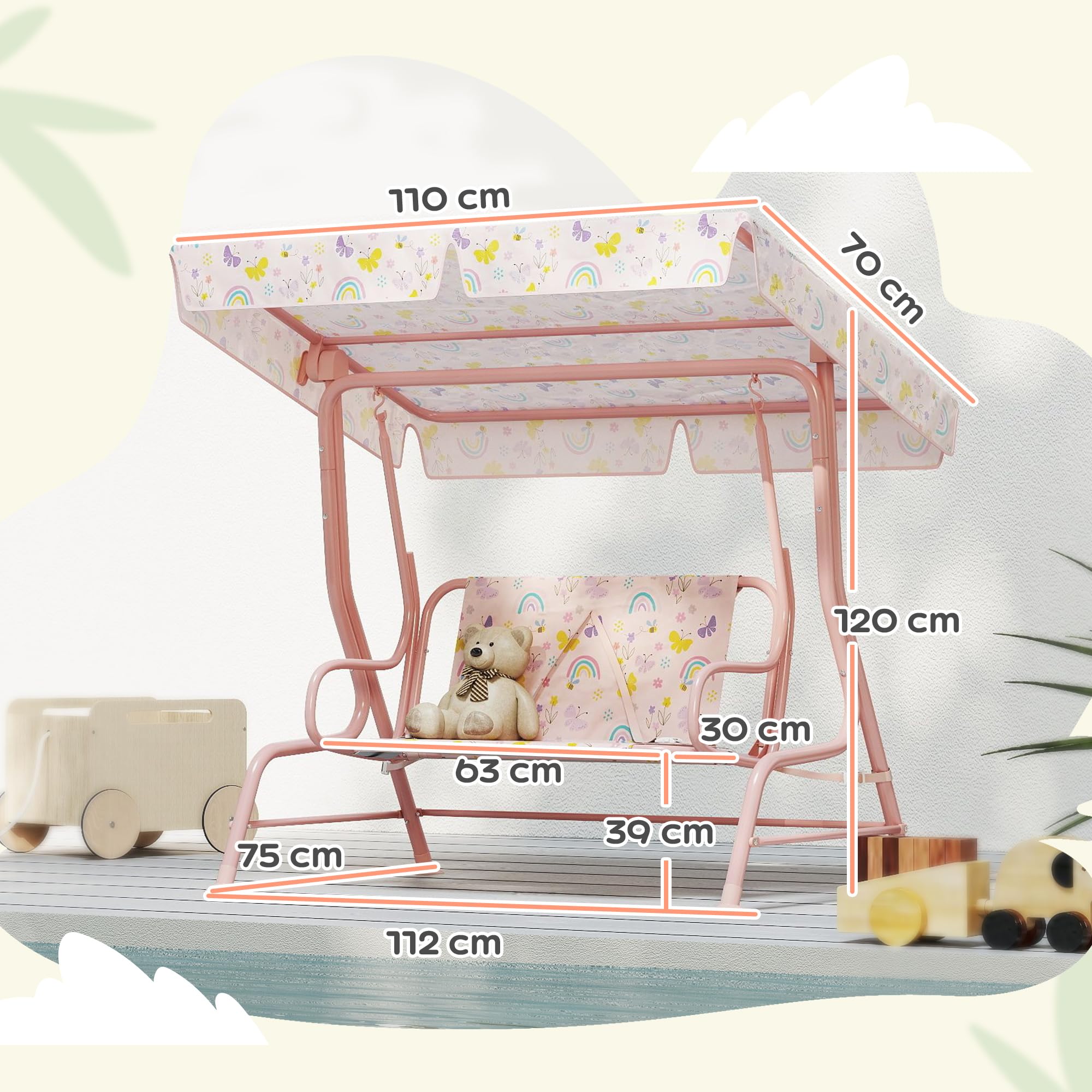 AIYAPLAY Dondolo per Bambini da Esterno a 2 Posti con Tettuccio Regolabile e Cinture di Sicurezza, Altalena Dondolo da Giardino e Interno in Acciaio e Oxford, Max 60 kg, 112x75x120 cm, Rosa