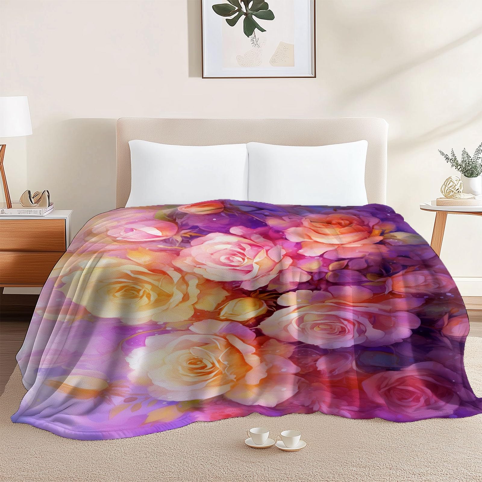 Couverture polaire hiver peinture à l'huile roses couvre-lit peluche 150x200