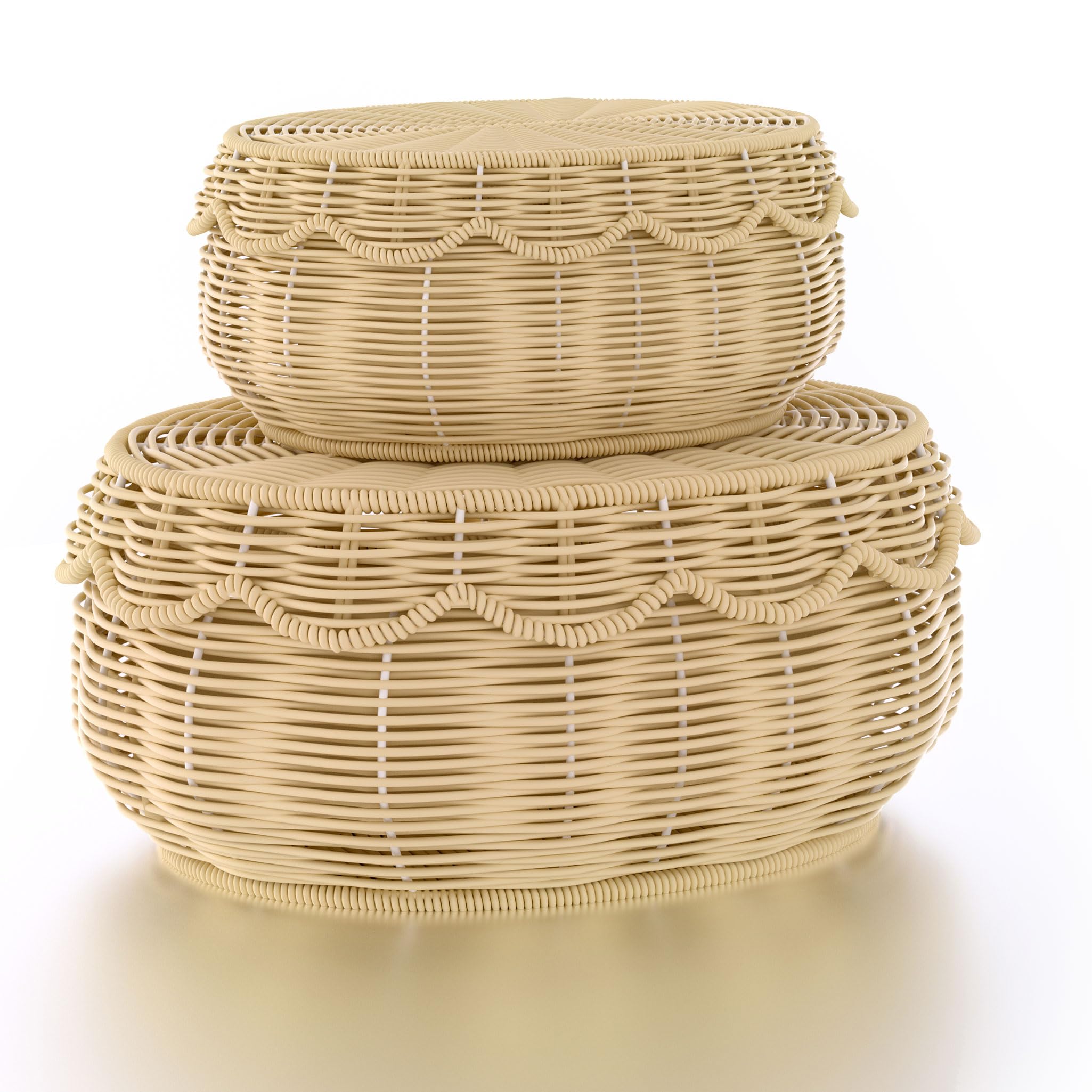 Olpchee Wicker Storage Basket with lid Hand Woven Rattan Basket Small Scalloped Basket Set of 2 Woven Baskets for Storage Nursery, Baby, Clothes, Toys, Diapers
