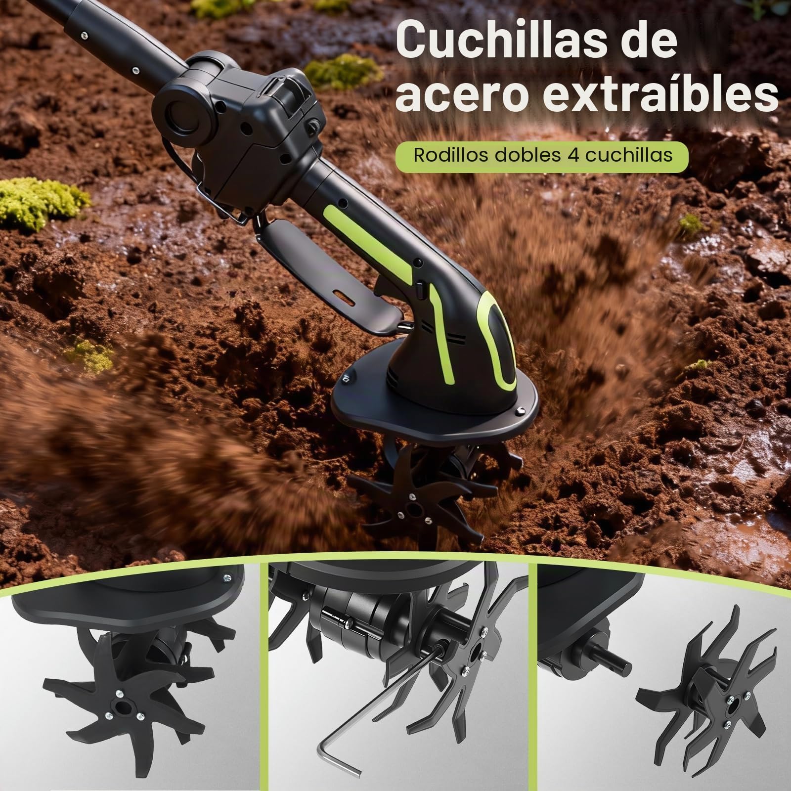 Motoazada Eléctrica, 21V a Batería–Azada Rotativa con 2 Baterías de 3000mAh, 4 Cuchillas Metálicas 65Mn, Ancho/Profundidad de Trabajo 10 cm, 235 RPM–para Escarificar y Airear el Jardín