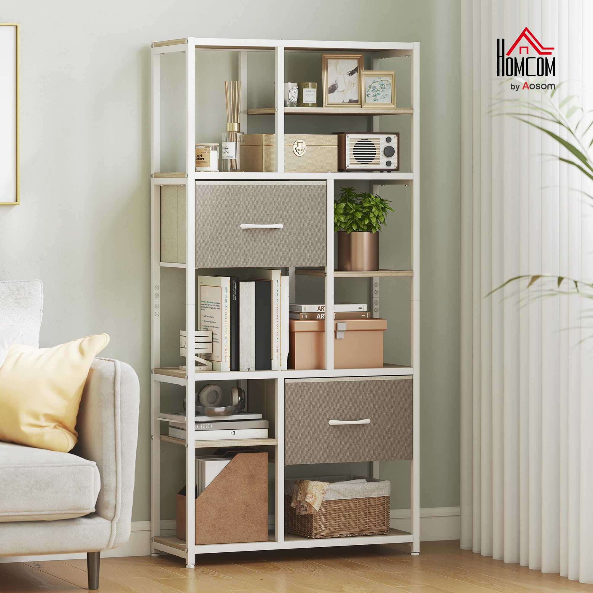 HOMCOM Mueble de almacenaje de 6 Niveles, librería con 2 cajones de Tela, 9 estantes Abiertos, Mueble de almacenaje con Estructura de Acero para salón, Estudio, Dormitorio, 72,5 x 30 x 150 cm,