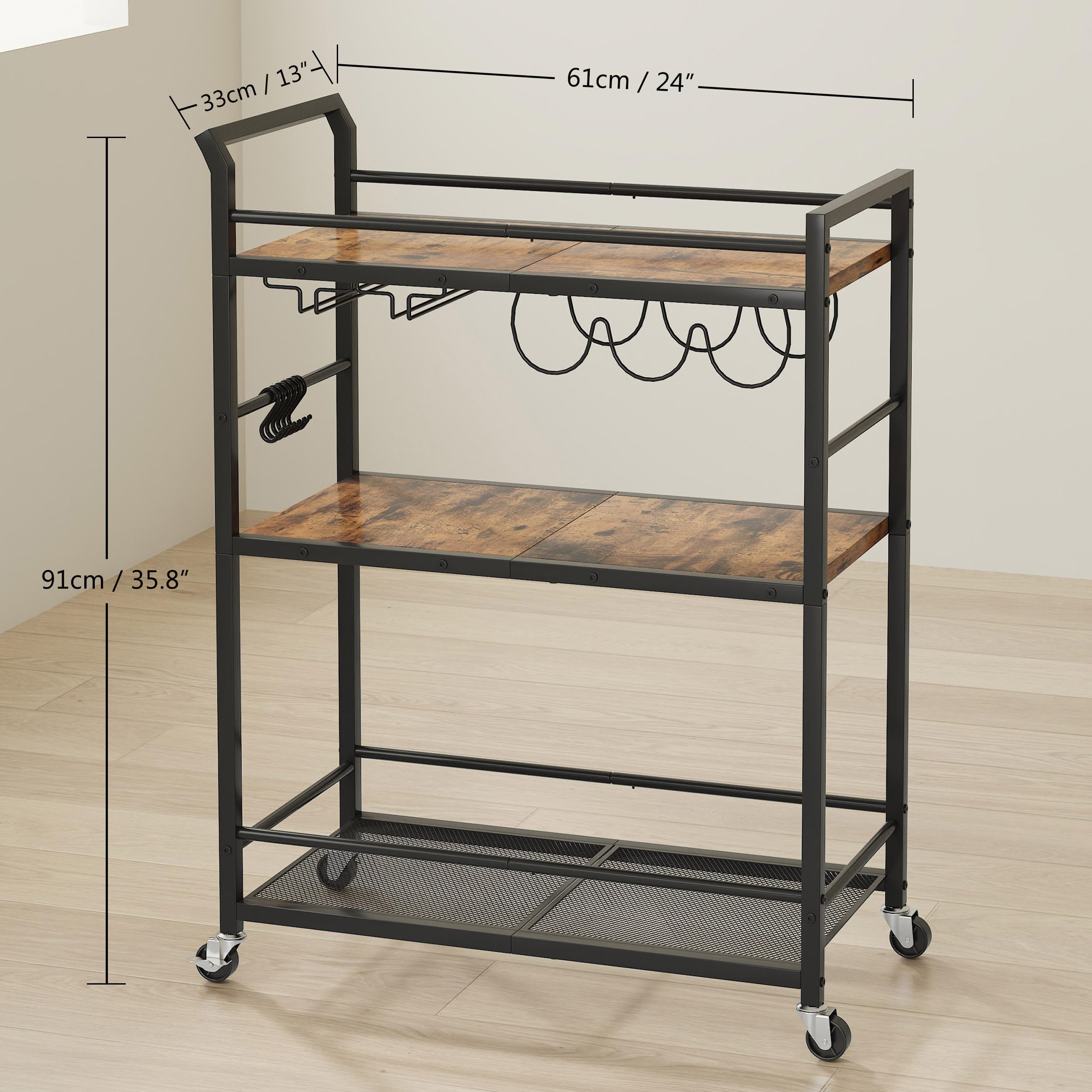 Carrito Auxiliar con Ruedas Bar Carro Cocina con Gläserablage y Estante para Vino Metal Mini Bar Mesa Auxiliar Cocina Estante de Vidrio Marrón Rustico Tres Niveles Mesa Auxiliar Cocina GBC507R