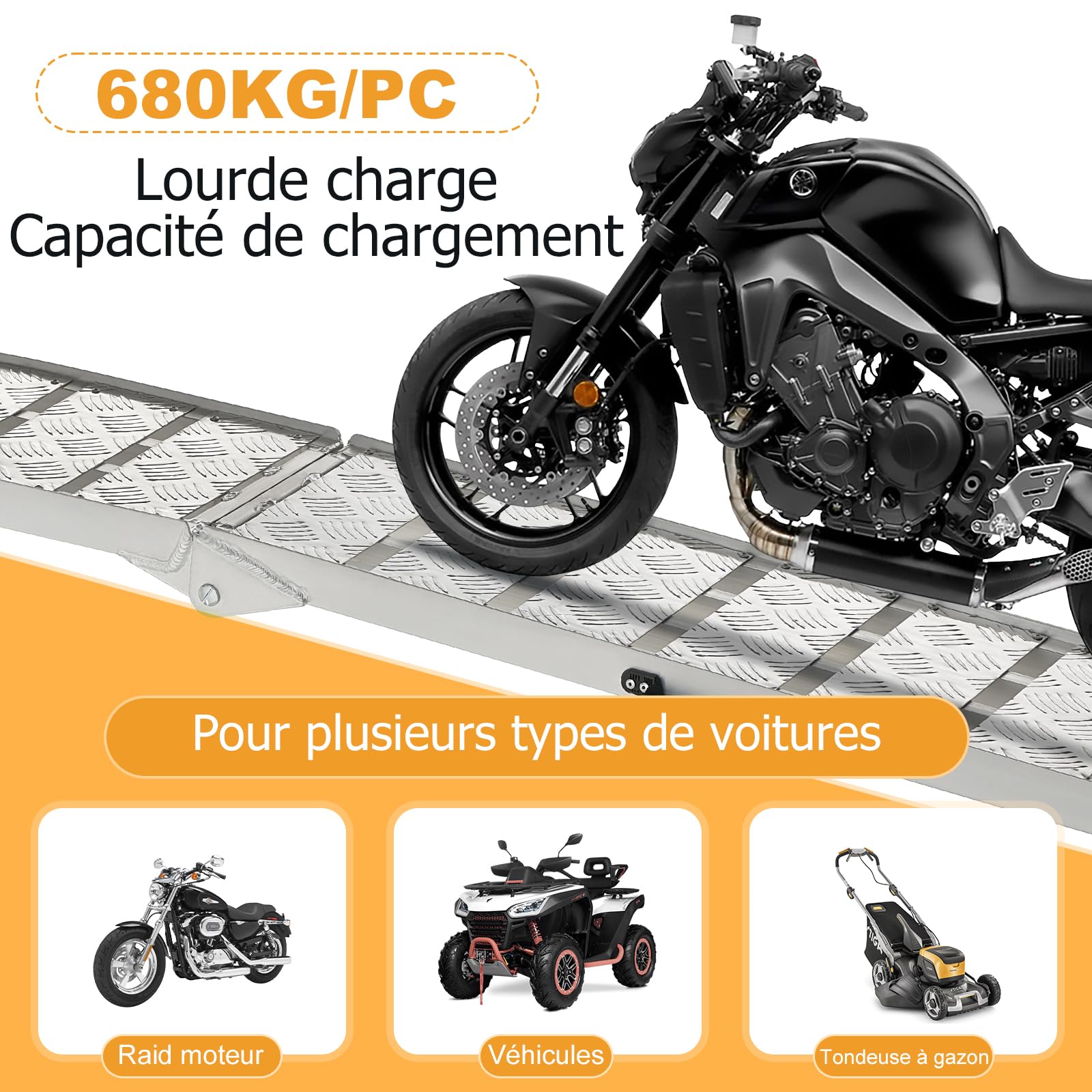 gardhom Rampes de manutention Antidérapante 340kg Aluminium Rampe Voiture 228x28x4.5cm Pliante Rampe de Chargement pour Tondeuse à Gazon, Vélo, Moto et Quad
