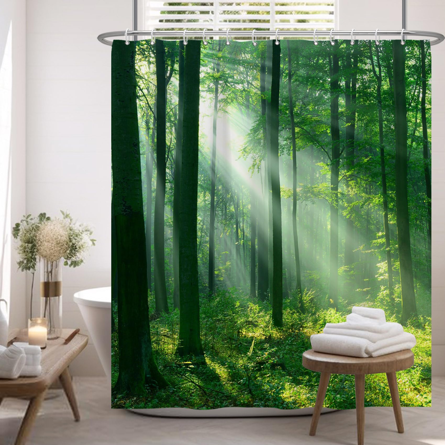 Renaiss 72x72 Inch Nature Forest Sunlight Shower Curtain Green Grass Jungle Straight Tall Trees Sunshine Nature Landscape Fabric Shower Curtains for