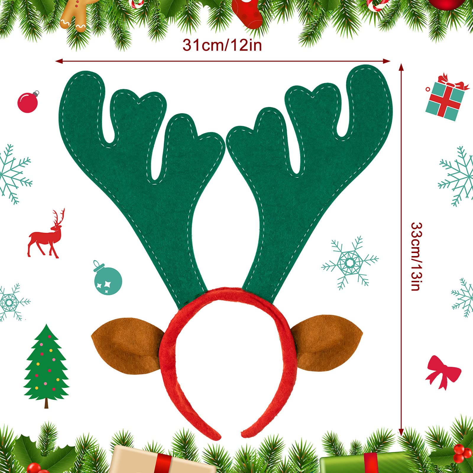 Janinka 20 Pcs Christmas Reindeer Antlers Headband Christmas Headbands Deer Headband with Ears Xmas Deer Horn Funny Cute Reindeer Hair Hoop for Kids Adults Holiday Costume, 13.58 Inch