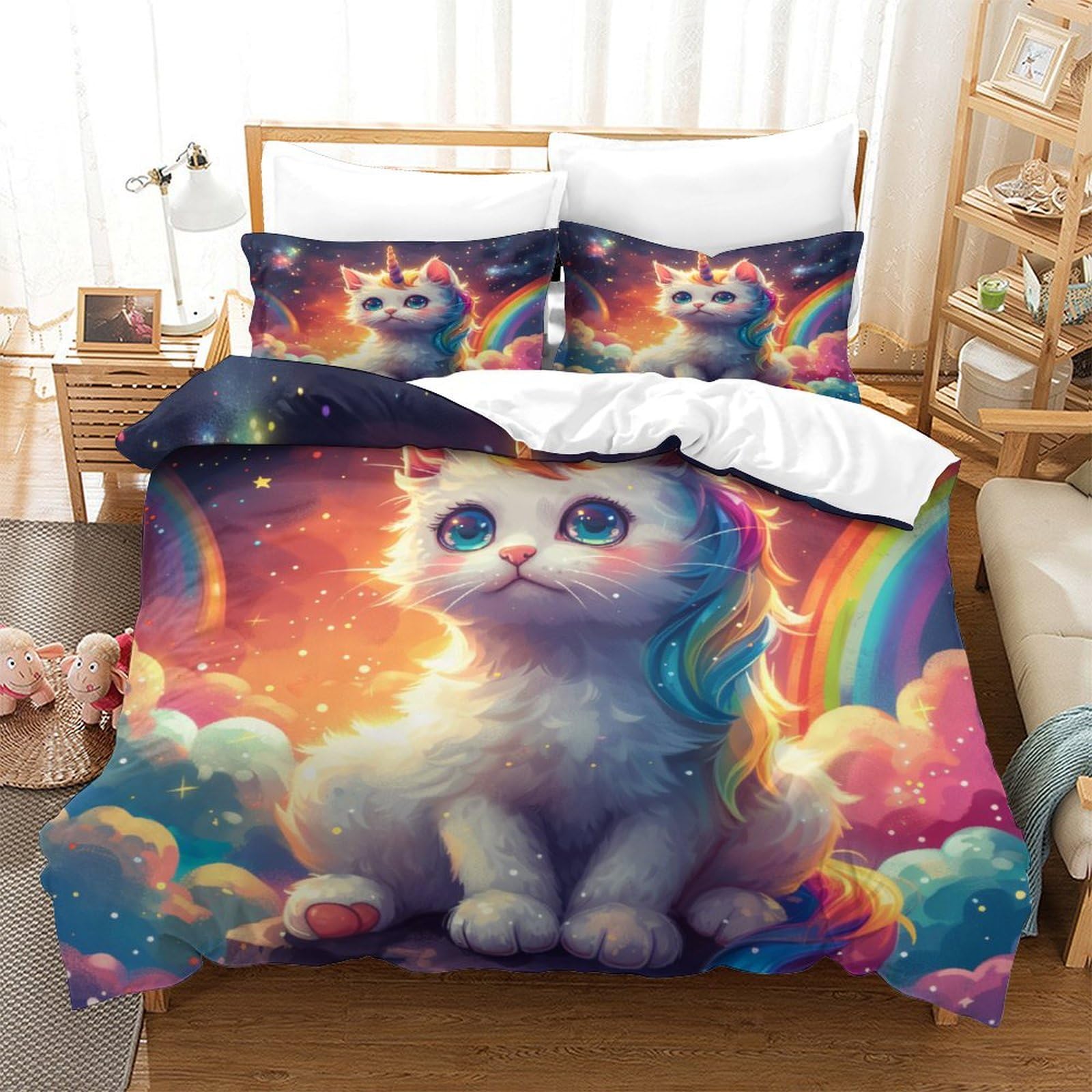 QPIRINMEX Kawaii Unicorn Duvet Cover Set Kids Cartoon Bedding Set for Boys Girls Adults 3 Pieces Quilt Cover Zipper Closure with Pillowcase Super King（260x220cm）