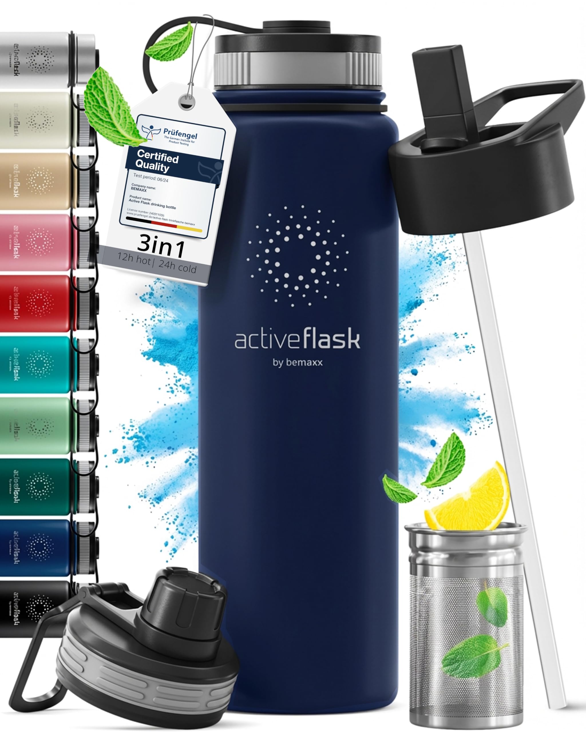 Trinkflasche Edelstahl ACTIVE FLASK + Strohhalm (3 Deckel) BPA-frei, Auslaufsicher, Kohlensäure geeignet - Wasserflasche Fahrrad Thermosflasche Isoliert Isolierflasche Sport Wasser Flasche Kinder Tee