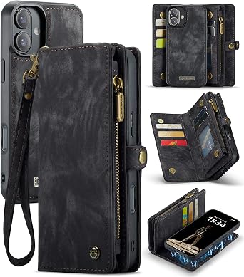 Case for iPhone 16/16 Pro/16 Plus/16 Pro Max,Genuine Leather Wallet Detachable Magnetic Cell Phone Cover Wireless Charge Zipper Purse RFID Blocking Card Slot Holster Black, iPhone 16 Plus