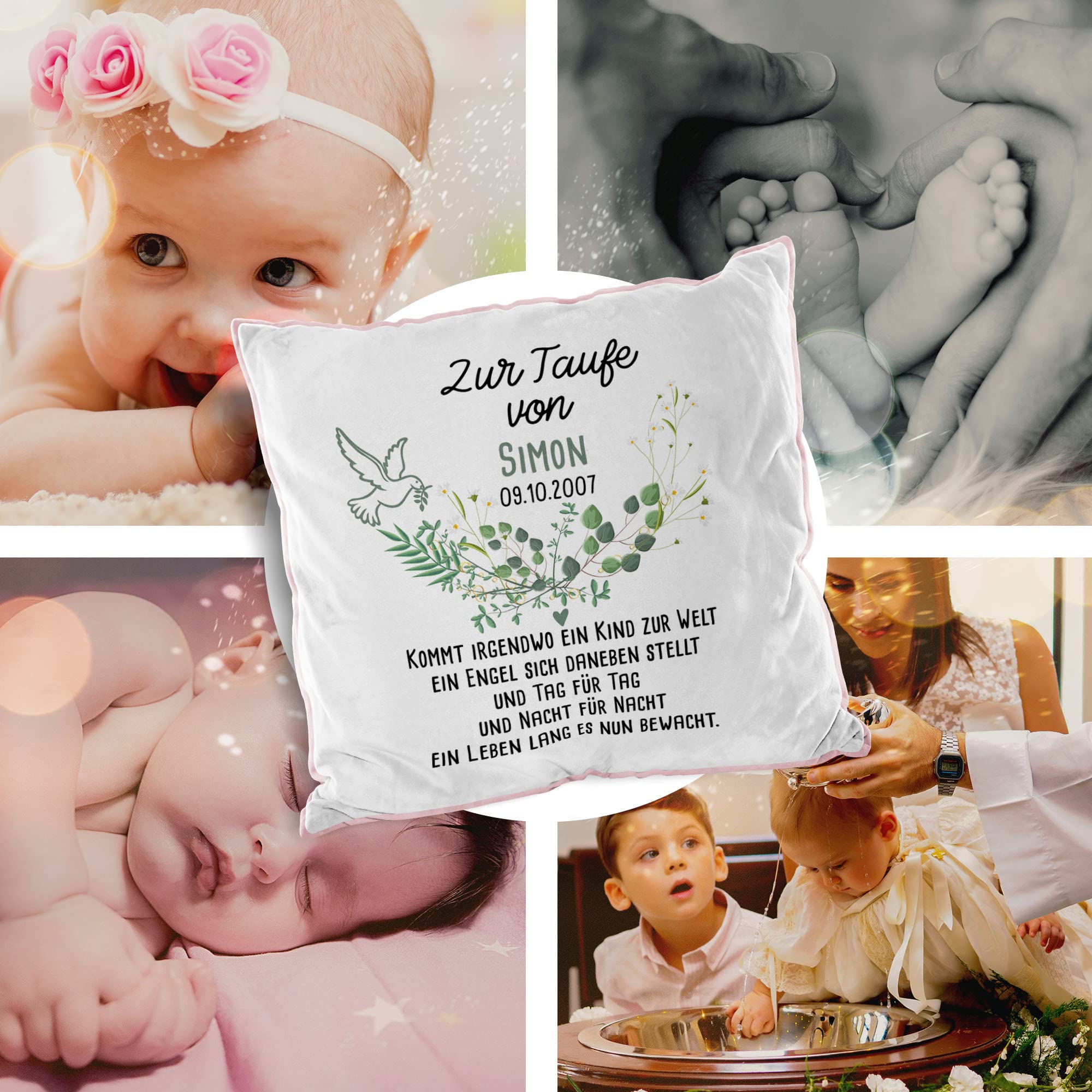 Print Royal PR Flauschiges Kissen zur Taufe mit Name & Datum - Kommt EIN Kind zur Welt - Geschenke zur Taufe, personalisierte Taufgeschenke Patenkind | inkl. Kissenfüllung, Rückseite Rosa, 40 x 40 cm
