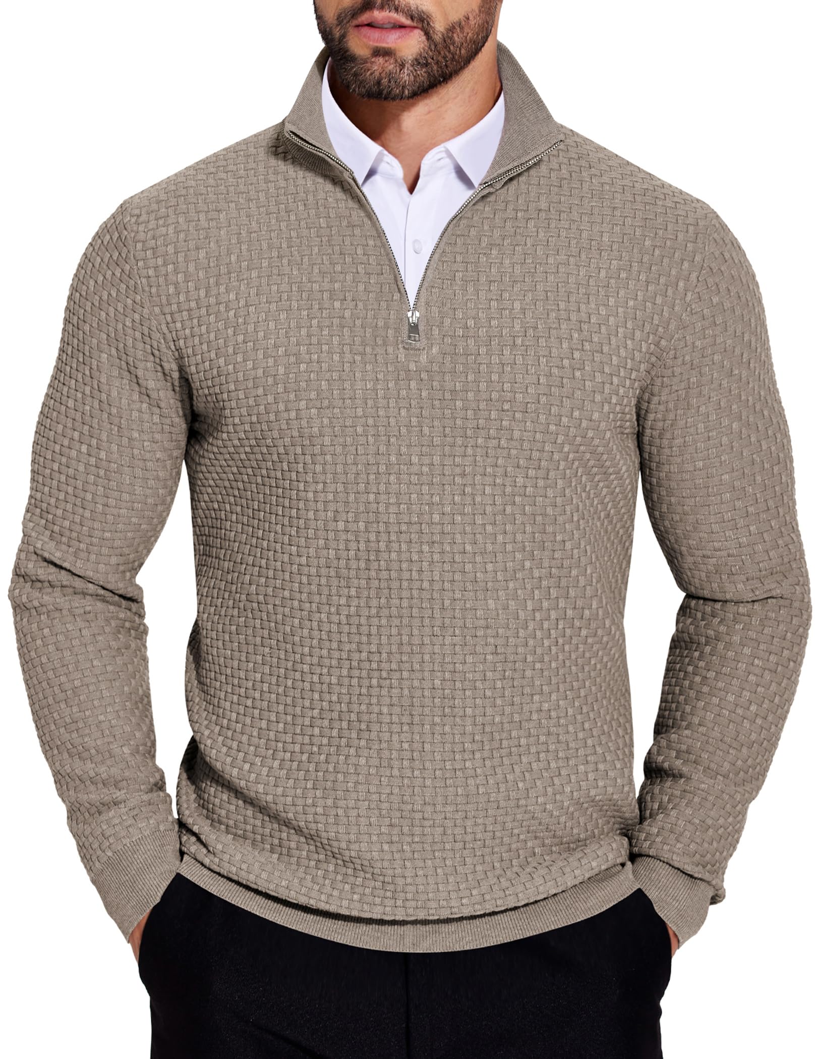 COOFANDY Herren Rollkragenpullover Half Zip Winter Warm Strickpullover Troyer Turtleneck Langarm Arbeitspullover Texured Pulli mit Stehkragen