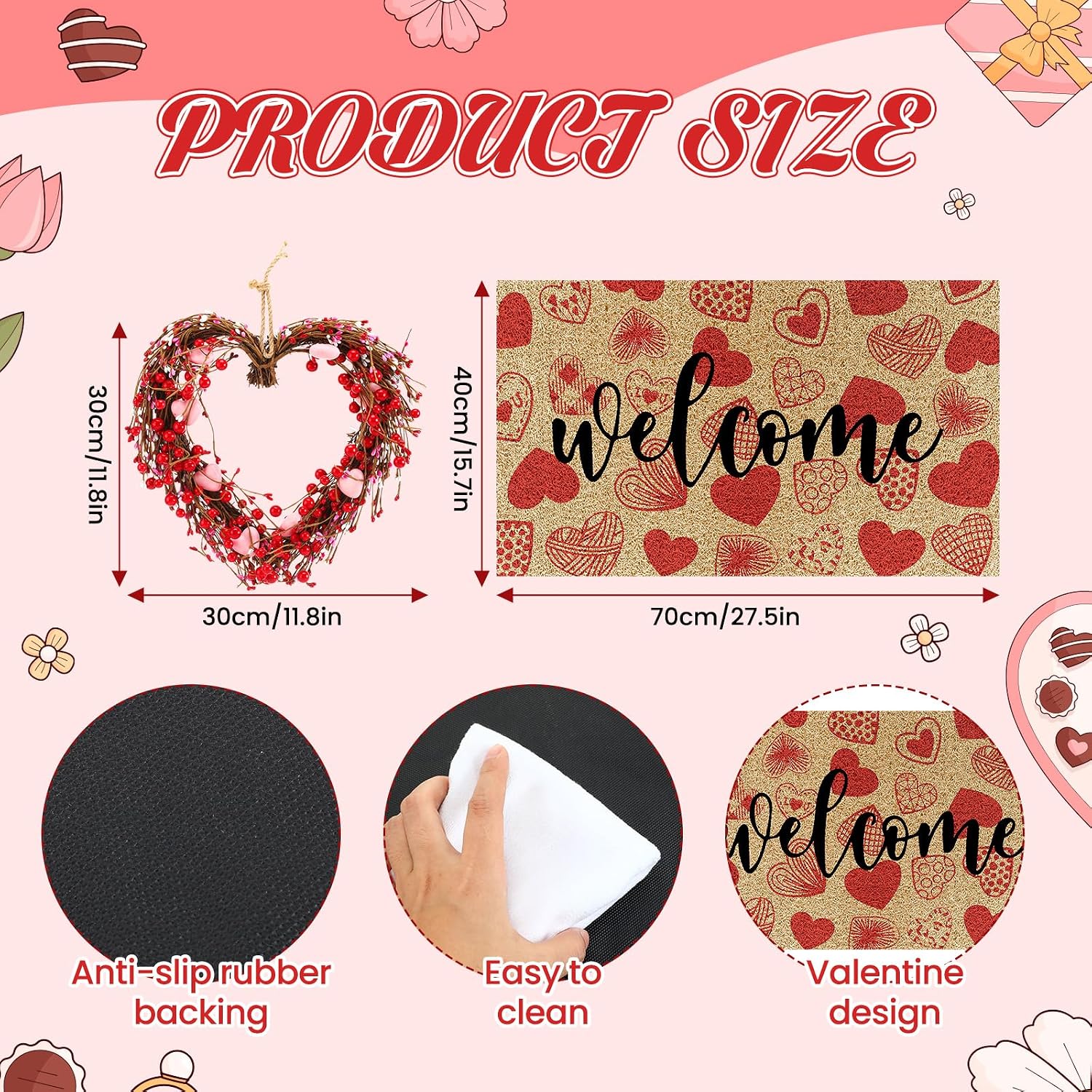 Romantic Welcome Doormat Heart Wreath Set Front Door Decor 27x16in Mat 12in Red Heart Wreath Rubber Rugs for Porch Entryway Wedding Anniversary Party Gifts for Couples