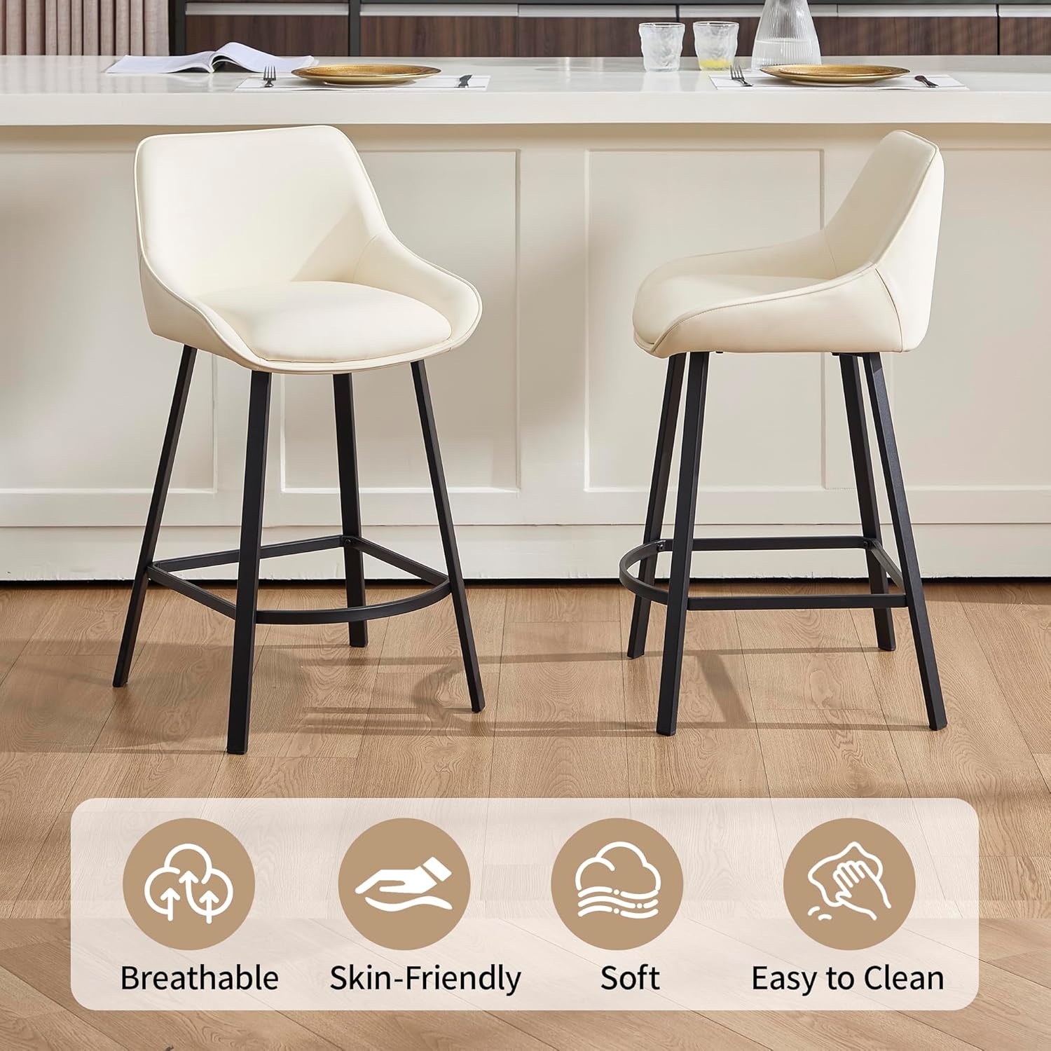 VipDesk 26" Modern Bar Stools Set of 2, Faux Leather Upholstered Counter Height Bar Chairs with Back Support, Square Metal Frame for Kitchen Island, Dining Room, Home Bar - Cream White