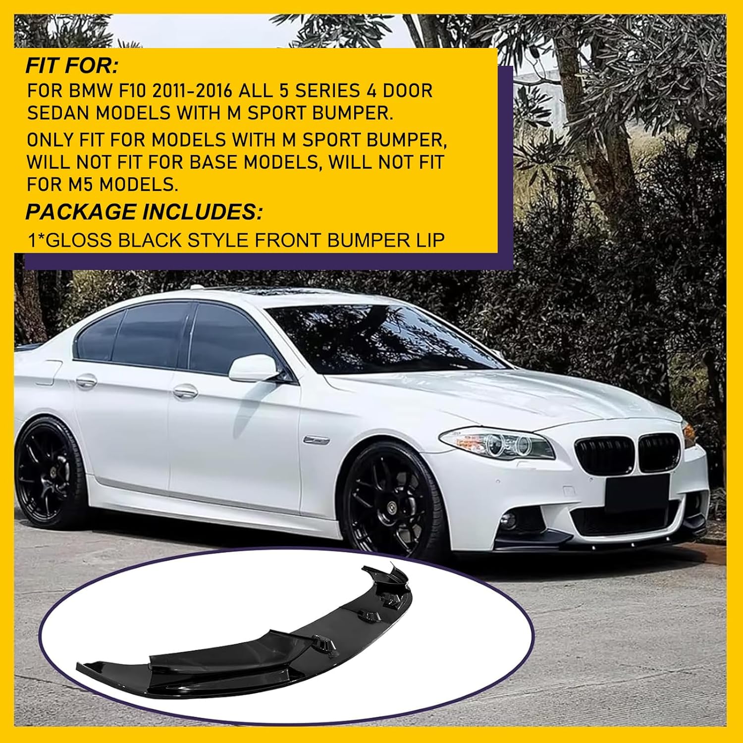 Front Splitter Compatible with BMW 5-Series F10 2011-2016 520i 535i 550i M Sport Front Bumper Spoiler Lip (Gloss Black)