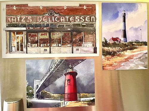 Miniatura 3 de Faro de Fire Island, Nueva York, Retrato para nevera de 3.5 x 5. Cielo dramático, torre de rayas blancas y negras en la playa. Pintura de acuarela