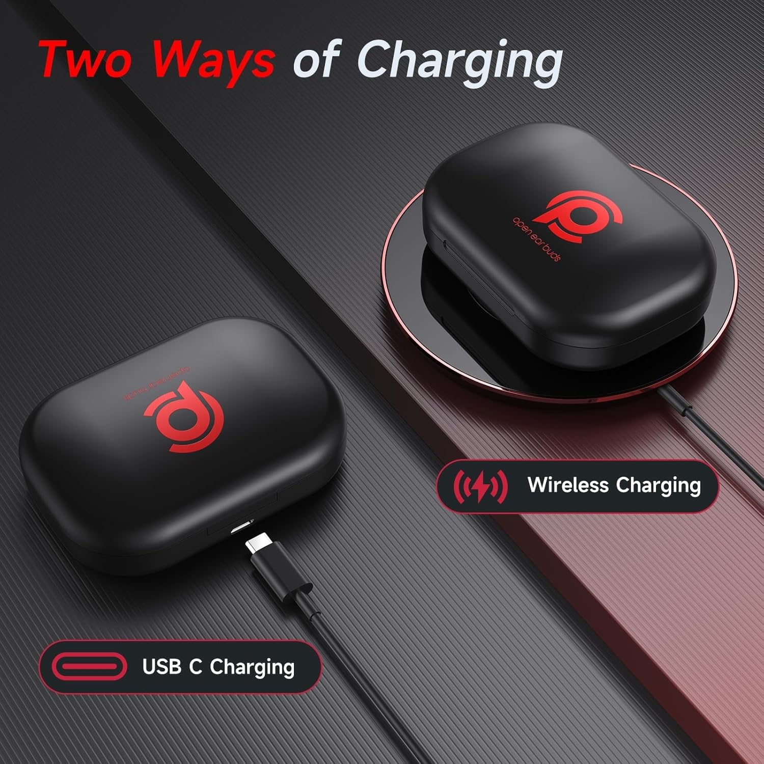 Two ways of charging the CYBERDOT headphones case: USB-C cable and wireless charging pad.
