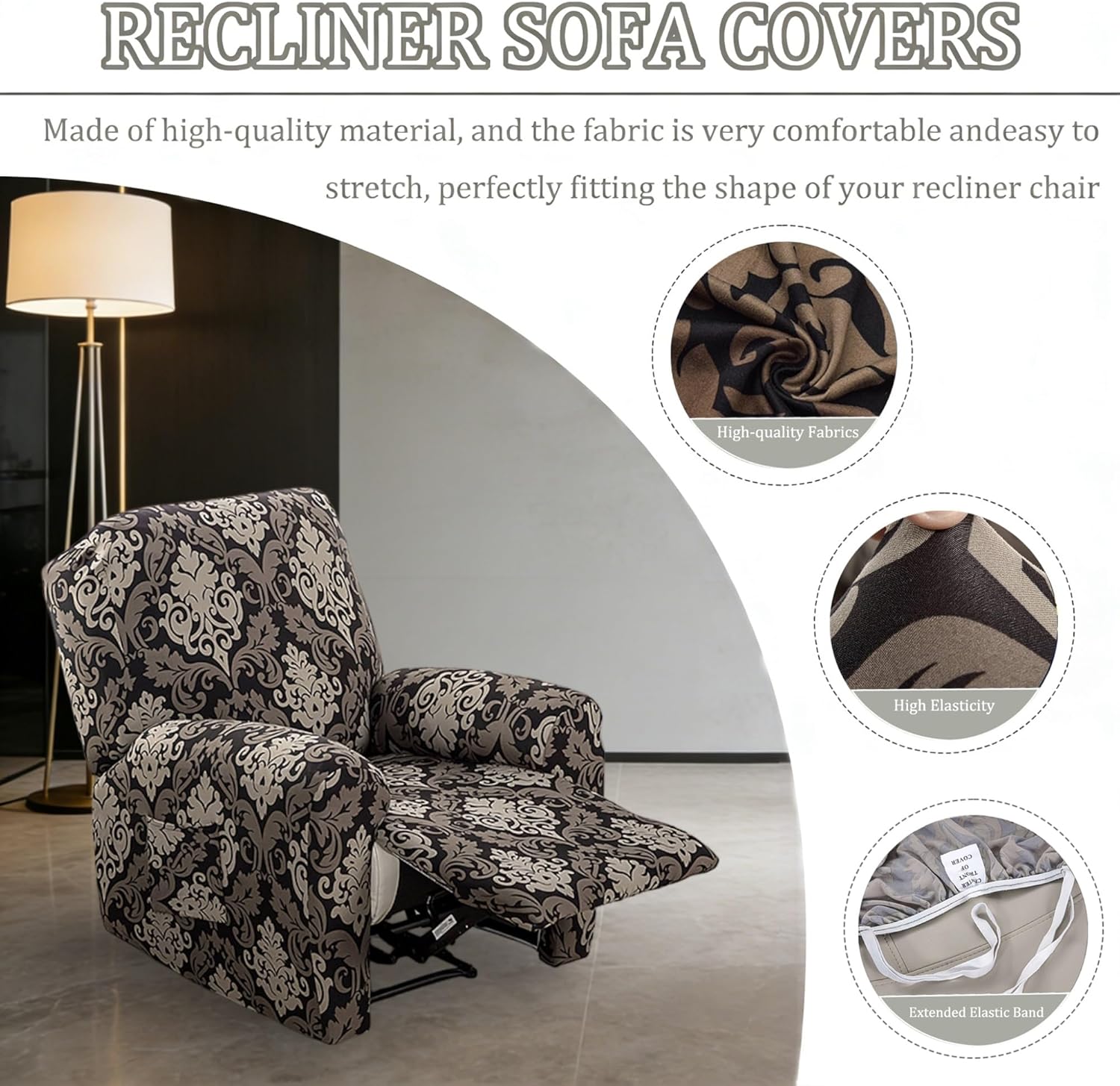 4 Piece Stretch Recliner Covers Printed Slipcover for Recliner with Pocket Lazy Boy Recliner Chair Covers Sofa Cover Soft Washable Furniture Protector for Kid Pets(Brown)