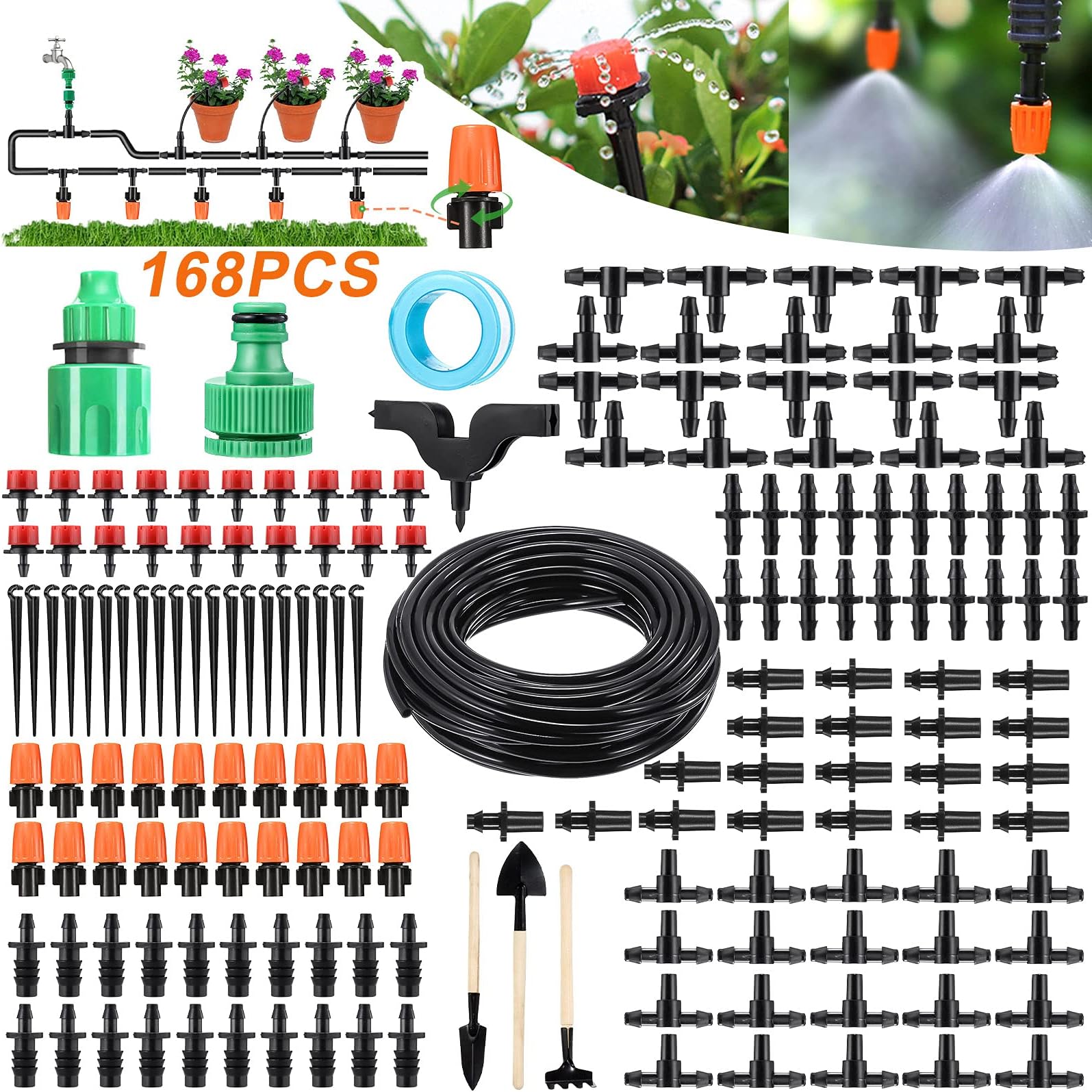 Garden Irrigation System, PATHONOR 168 Pcs+50ft/15m Drip Irrigation Kit with Adjustable Nozzles Drippers Distribution Tubing Hose Saving Water Automatic Irrigation Set for Garden Greenhouse Patio Lawn