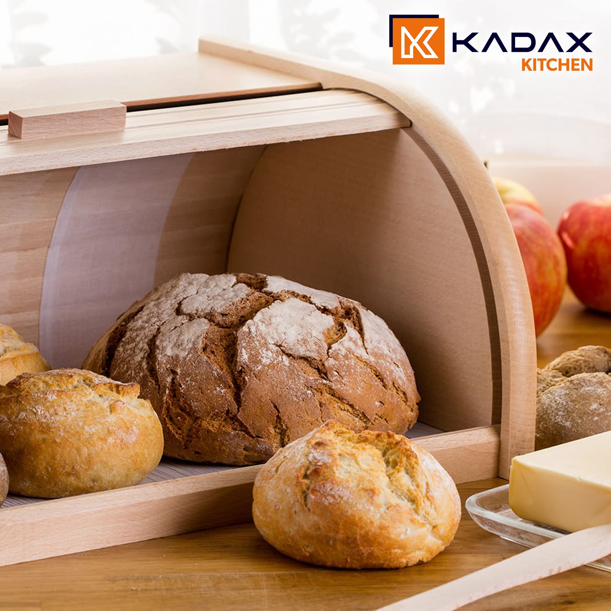 KADAX Portapane in Legno, Contenitore per Pane con Coperchio Scorrevole e Grande Capacità, Porta Pane con Coperchio a Serranda per Cucina (Naturale)