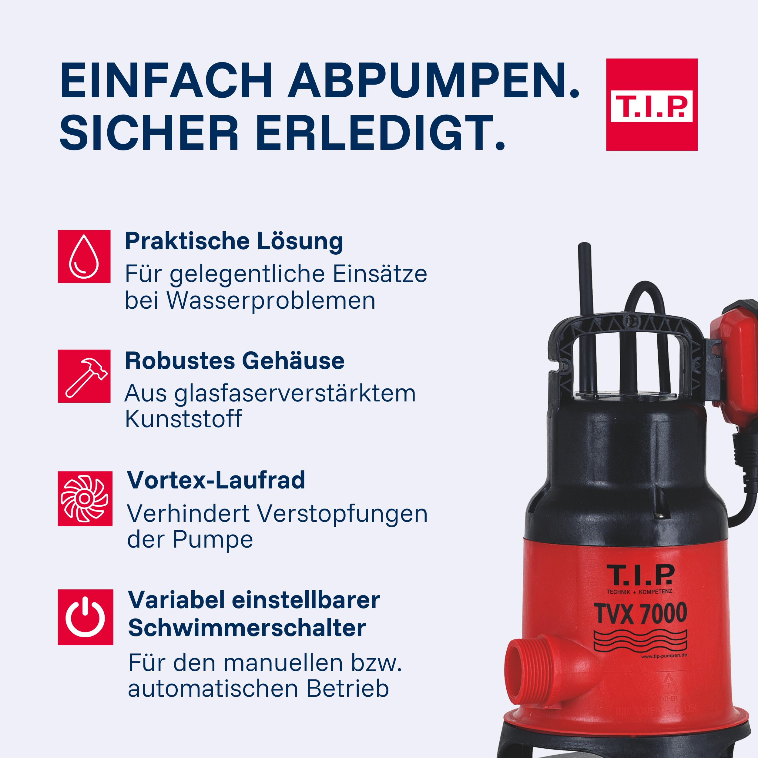 T.I.P. Schmutzwasser Tauchpumpe (7.000 l/h Fördermenge, 5 m Förderhöhe, 0,5 bar Druck, 300 W, 20 mm Korngröße, GFK Pumpengehäuse, VORTEX Laufrad, Inkl. Schlauchanschlußbogen) TVX 7000, 30268
