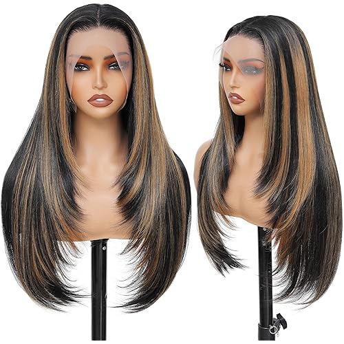 Synthetic Lace Front Wig 13x4 HD Lace Layered Hairstyle Pre Plucked Hairline Straight Long Black Glueless Wigs for Black Women 26 Inch Beginner Friendly