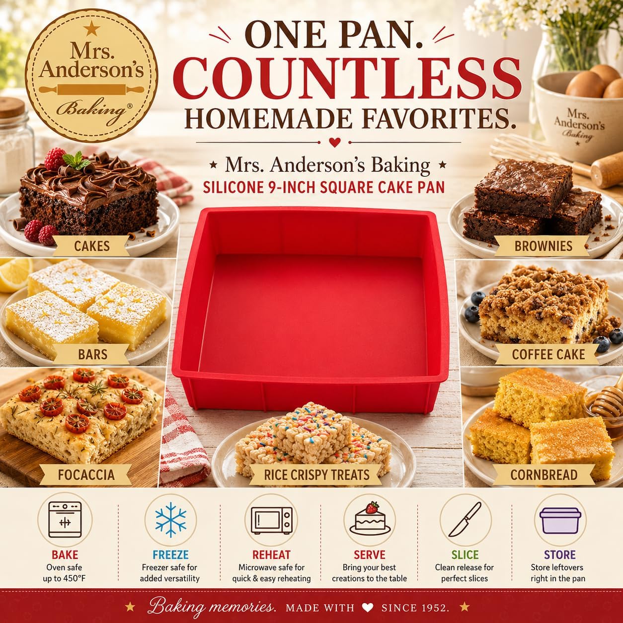 Mrs. Anderson's Baking Silicone 9-Inch Square Cake Pan, BPA Free, Non-Stick European-Grade Silicone, 9 x 9-Inches