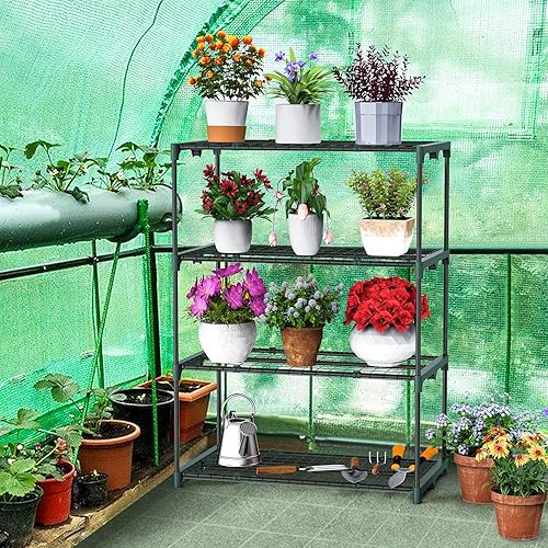 Miniatura 5 de Ohuhu Estantes de invernadero para plantas de 4 niveles, paquete de 2 estantes extra anchos y estables para exteriores, 31 x 18 x 42 pulgadas,