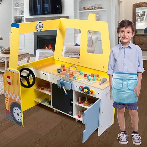 Miniatura 6 de Juego de madera de camión de construcción con más de 60 piezas de juguete, pernos y tornillos de sierra de martillo de simulación, sierra giratoria