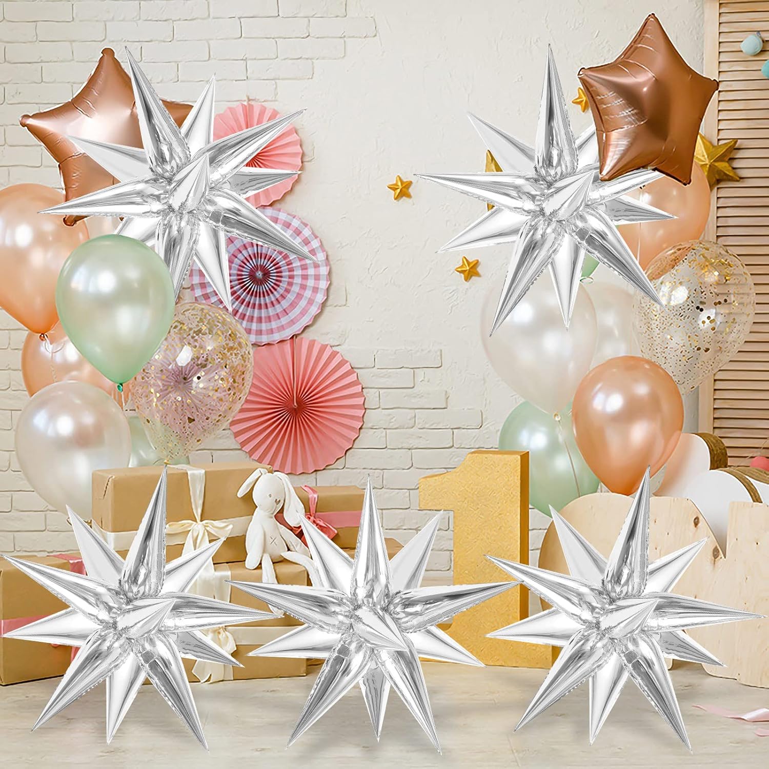 60 Pcs Star Balloons Explosion 12 Point Foil Cone Balloons Magic Balloon Large for Wedding Anniversary Backdrop Birthday Party Decorations Silver