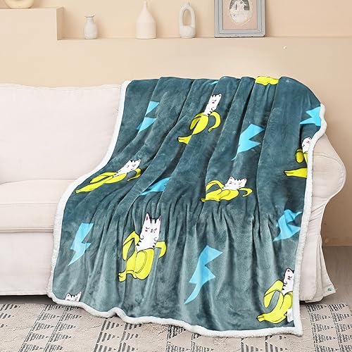 Catalonia Manta de forro polar Sherpa con estampado de gato y plátano, manta suave de felpa de visón, mullida, cómoda, cálida, regalo de cuidado