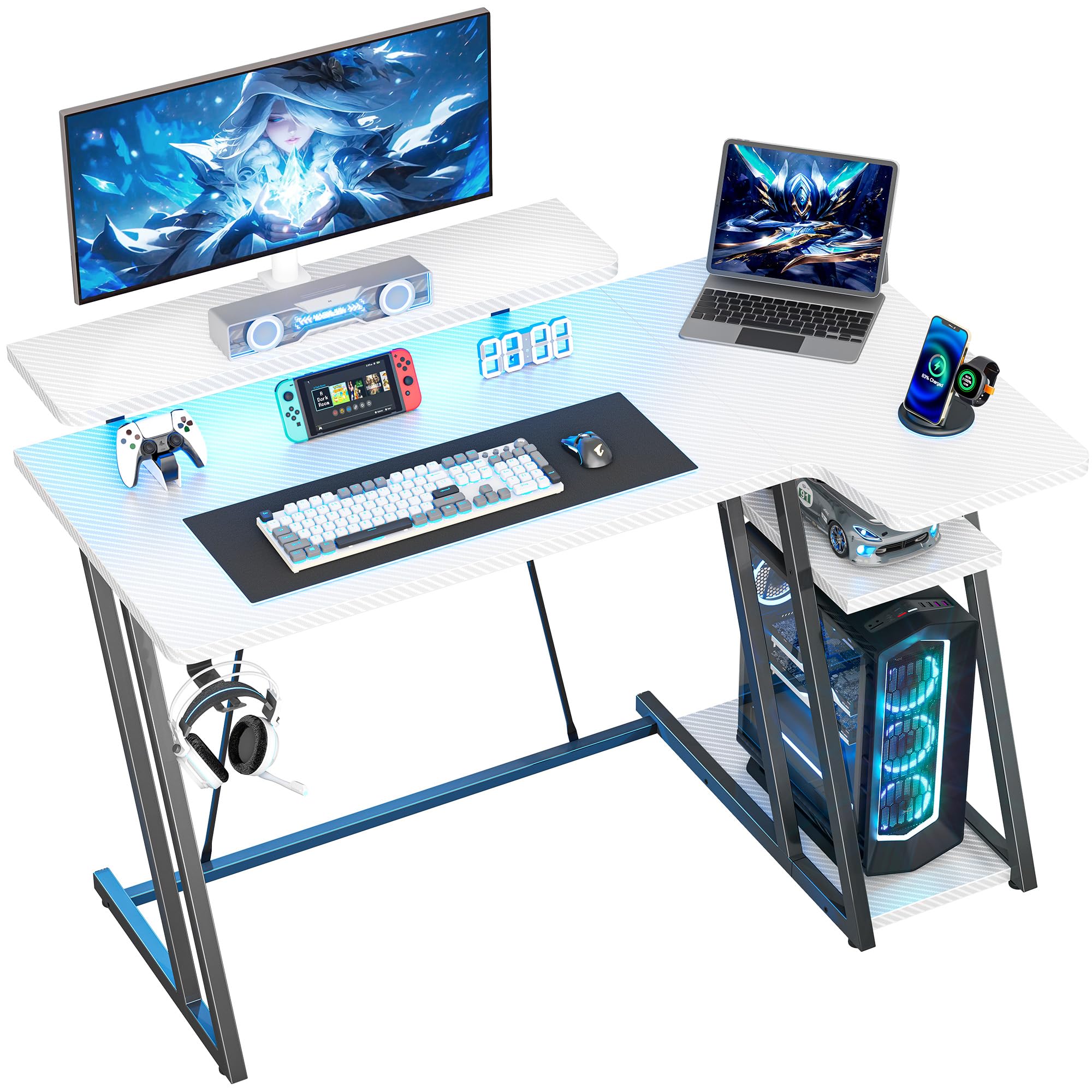 HOMIDEC Gaming Desk with LED Lights, 100CM Computer Desk with Monitor Stand, L Shaped Corner Desk with Headphone Hook and Shelves for Gaming Room, Bedroom, Office, White