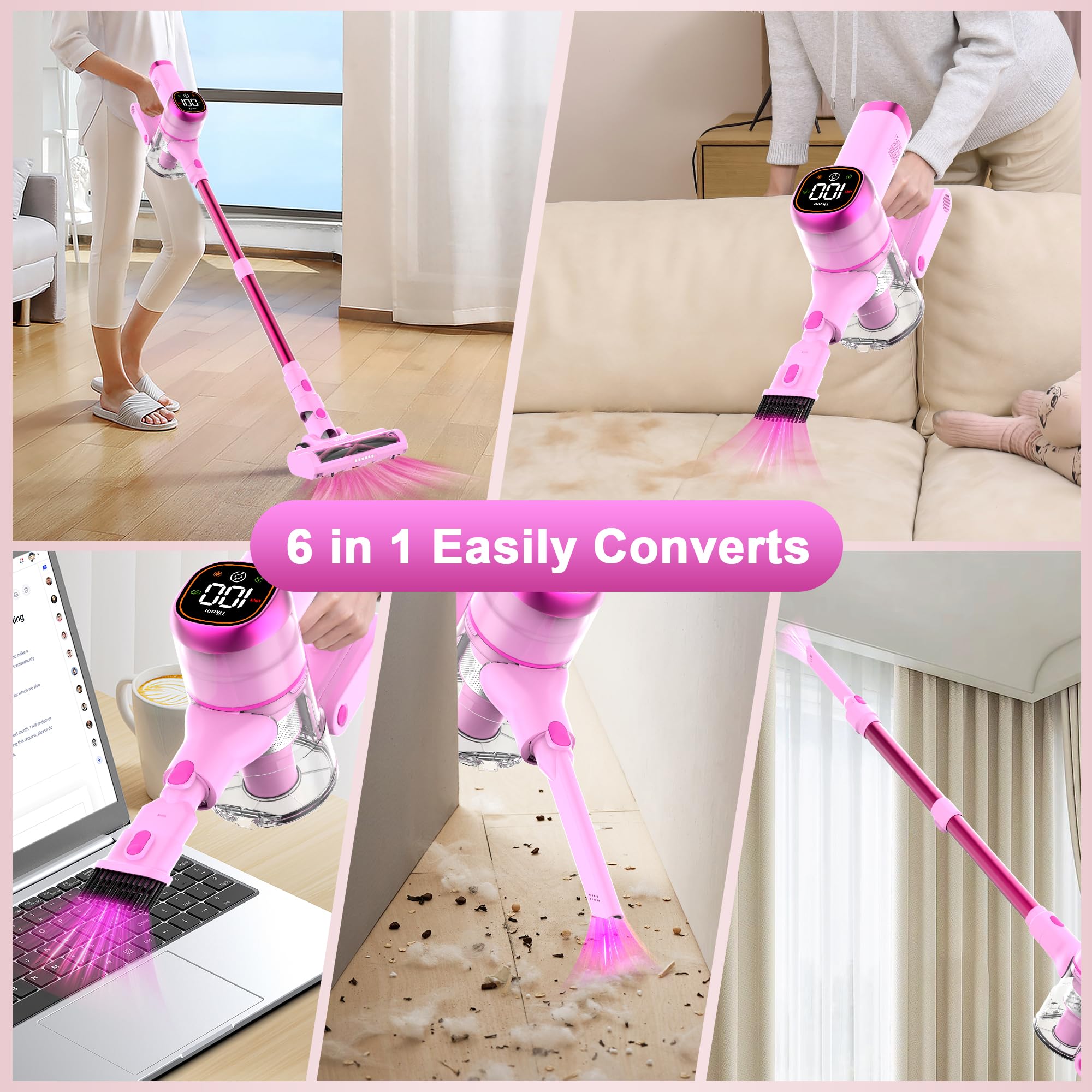 Tikom V500 Cordless Vacuum Cleaner for Home, 40000Pa/450W Stick Vacuum with LED Touch Screen, Charging Wall Dock, Anti-Tangle, Lightweight Handheld Vacuum for Pet Hair, Hard Floor, Carpet view 3
