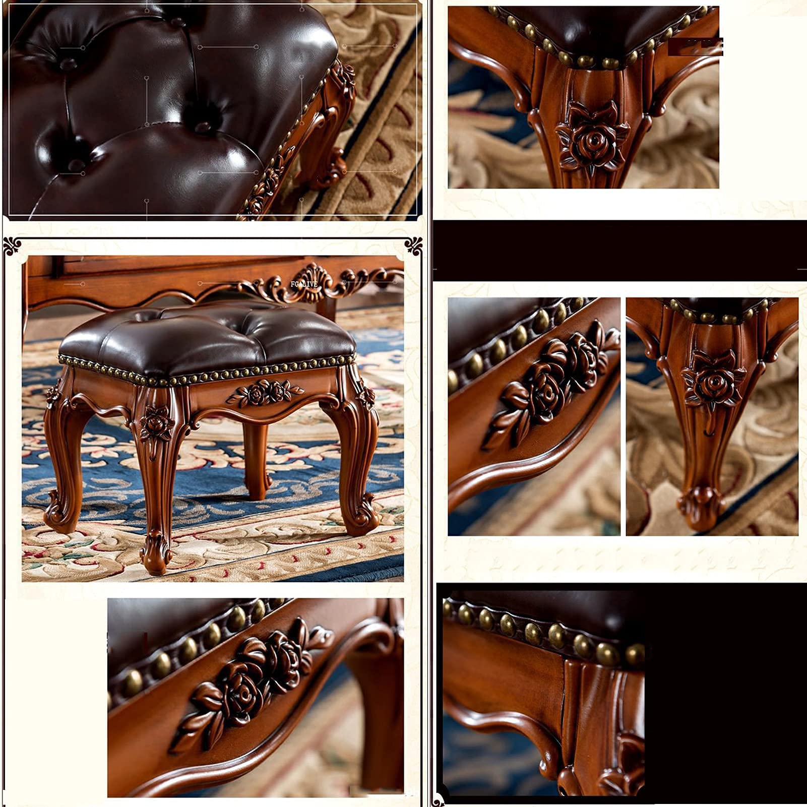 Tabouret de Table, Petit Tabouret rembourré, Pouf, Tabouret de Coiffeuse, Ottoman à Boutons, 4 Pieds sculptés, Assise rembourrée pour Table Basse - 40 x 30 x 33 cm, Tabouret de déc