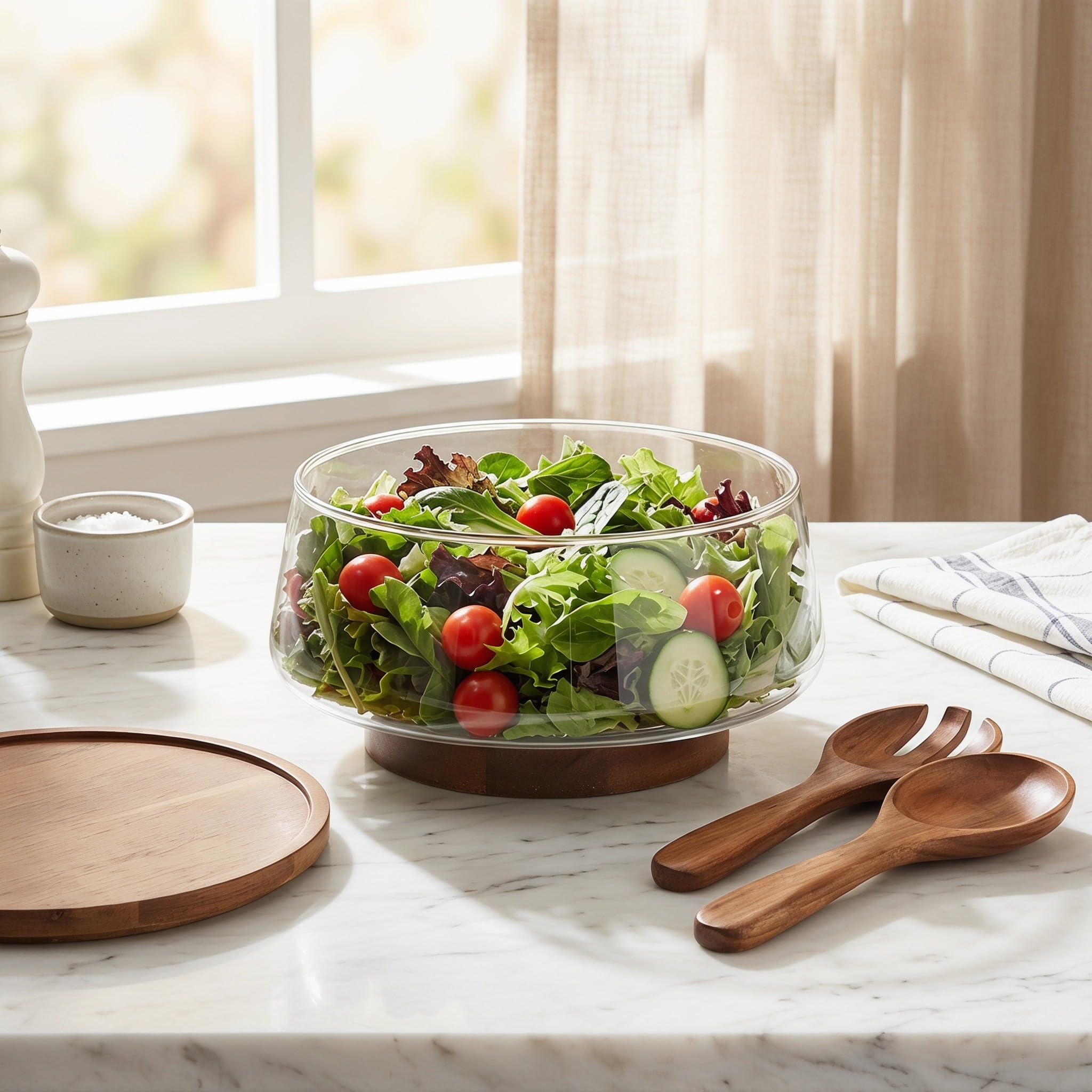 SHINEOFI 1 zestaw dużych szklanych misek do sałatki z drewnianą podstawą i serwerami do sałatek - 3,4 l/3,6 qt Elegancka miska do serwowania makaronu, owoców i przekąsek - Łatwa w czyszczeniu,