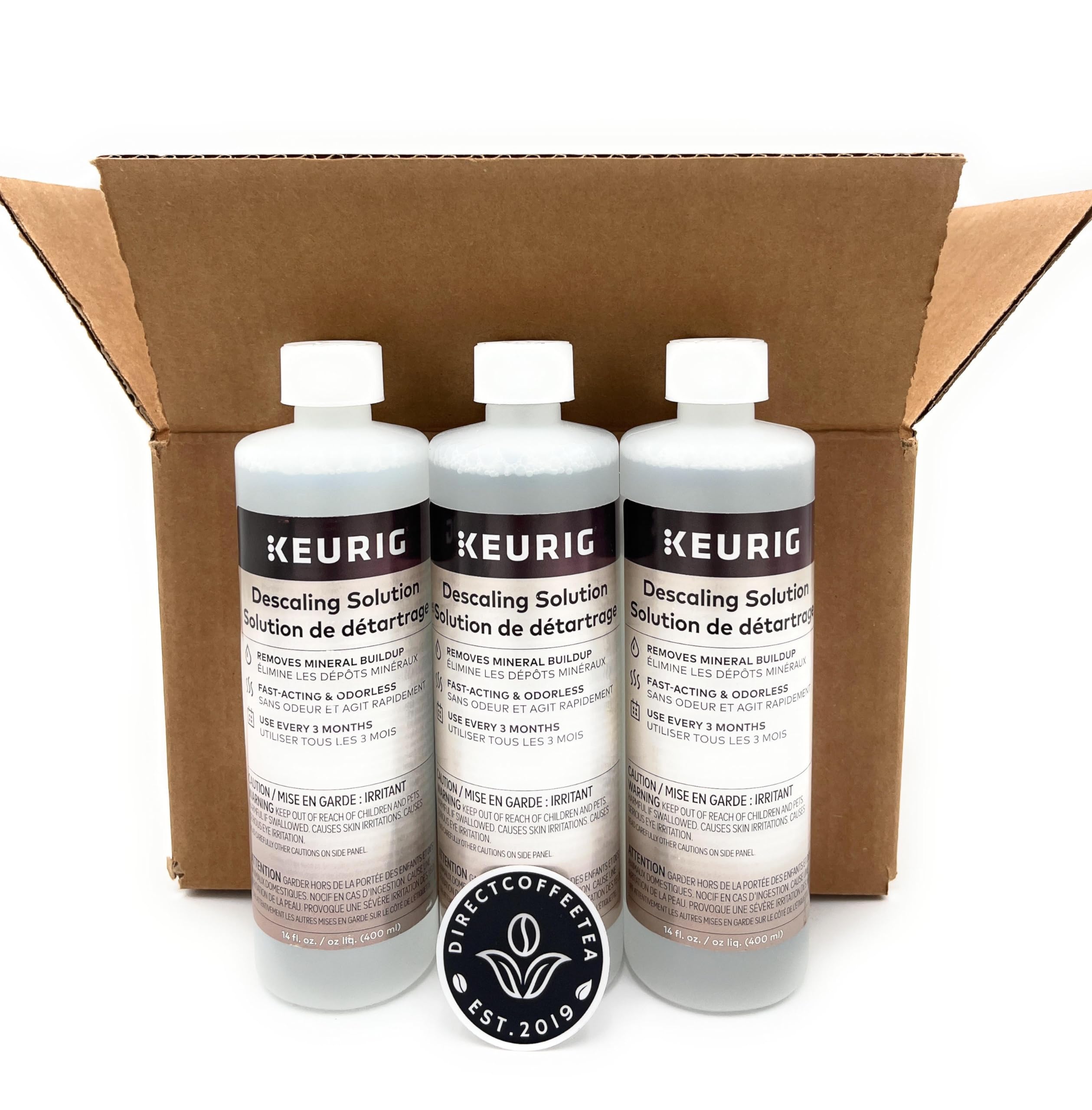 Descaling Solution Pack of 3 (14 fl oz Each) for Single Serve Coffee Machines with Complimentary Direct Coffee Tea Est 2019 Brand Sticker