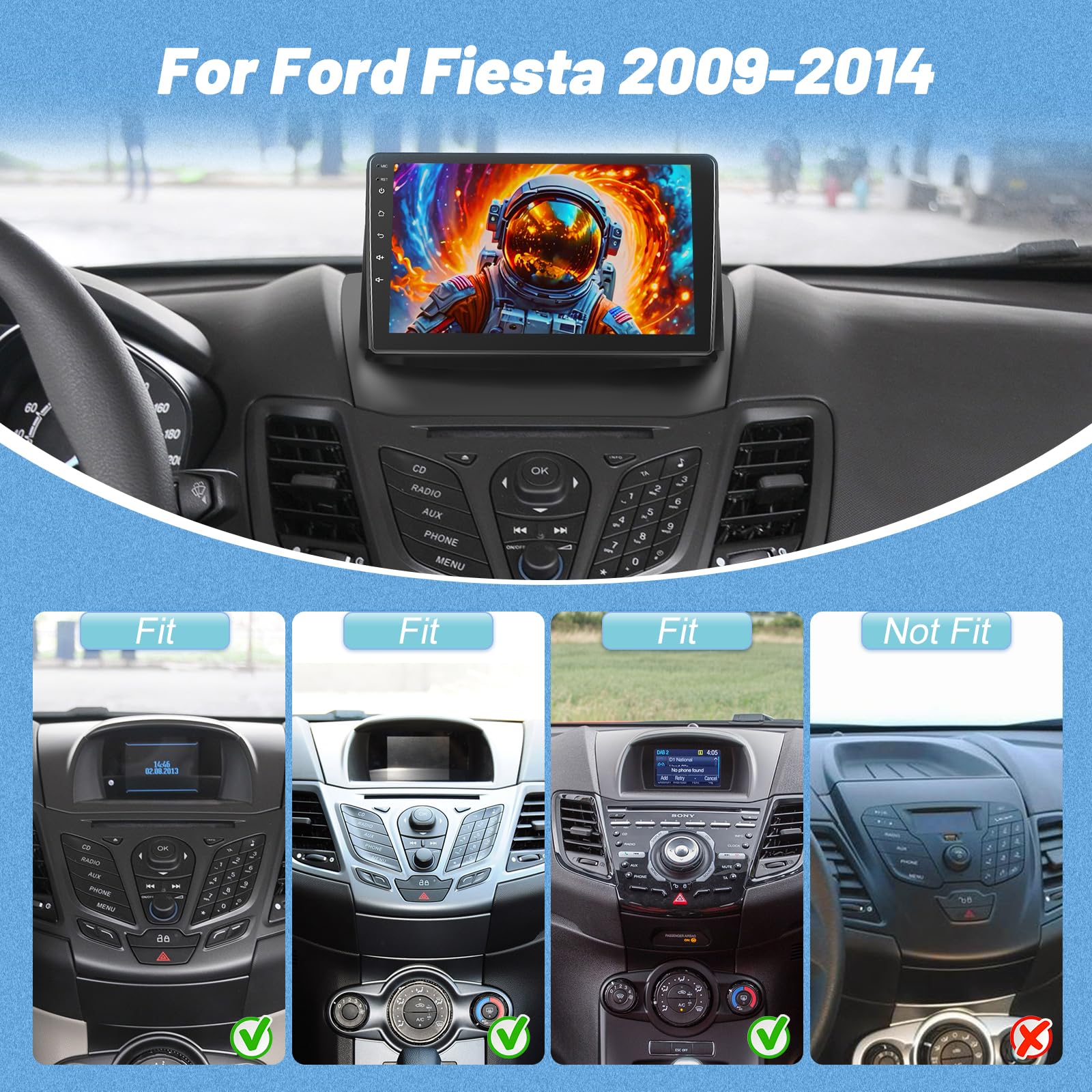 [2+64GB] Android Radio de Coche para Ford Fiesta 2009-2014, 9 Pulgadas Estéreo del Coche con Pantalla Táctil Wirelss CarPlay y Android Auto, WiFi, GPS, Radio FM RDS, Cámara de Marcha Atrás
