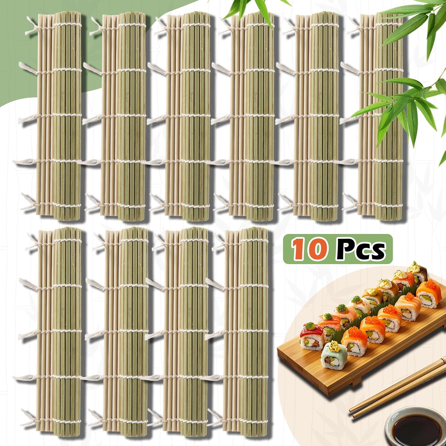 10PCS Bamboo Sushi Mat 9.5"x9.5" – Durable Bamboo Sushi Rolling Mat, Tightly-Bound Design for Home Cooking & Professional Sushi Making (Green)