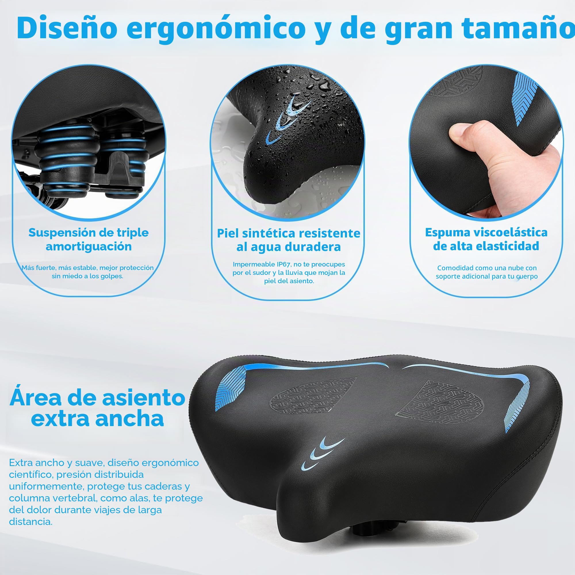 CDYWD Sillin Bicicleta Muy Comodo Hombres y Mujeres, Asiento Bicicleta Extra Ancho, Acolchado Ergonómico en Forma de ala, Sillín Bicicleta para MTB, Ebike, City Bike, Bicicleta Estática