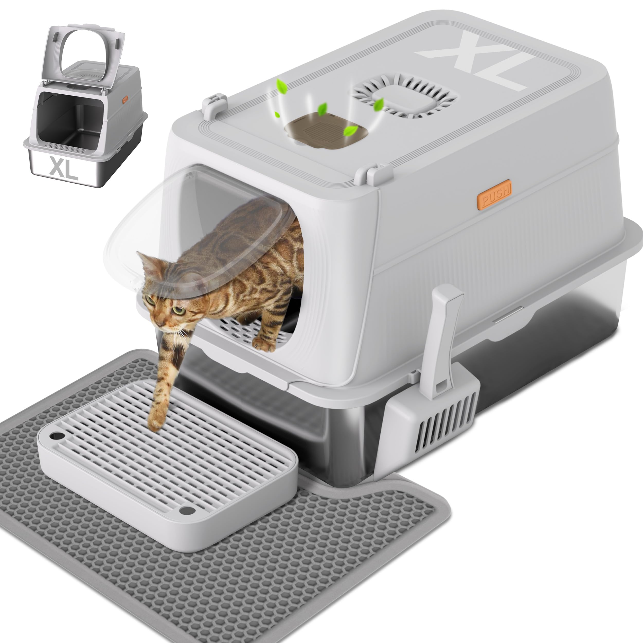 Citylife Stainless Steel Cat Litter Box with Lid, XL Extra Large Enclosed Removable Metal Litter Box with Litter Scoop&Double Layer Litter Mat, Non-Sticky, Non-Odor, Easy Cleaning, for Big Cats, Grey