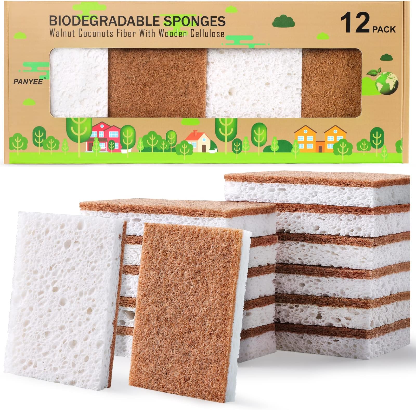 Biodegradable Natural Kitchen Sponge，Eco Friendly Sponges for Dishes,Compostable Cellulose Sponge with Natural Plant Based Coconut Walnut Sustainable Scrubber Pack of 12