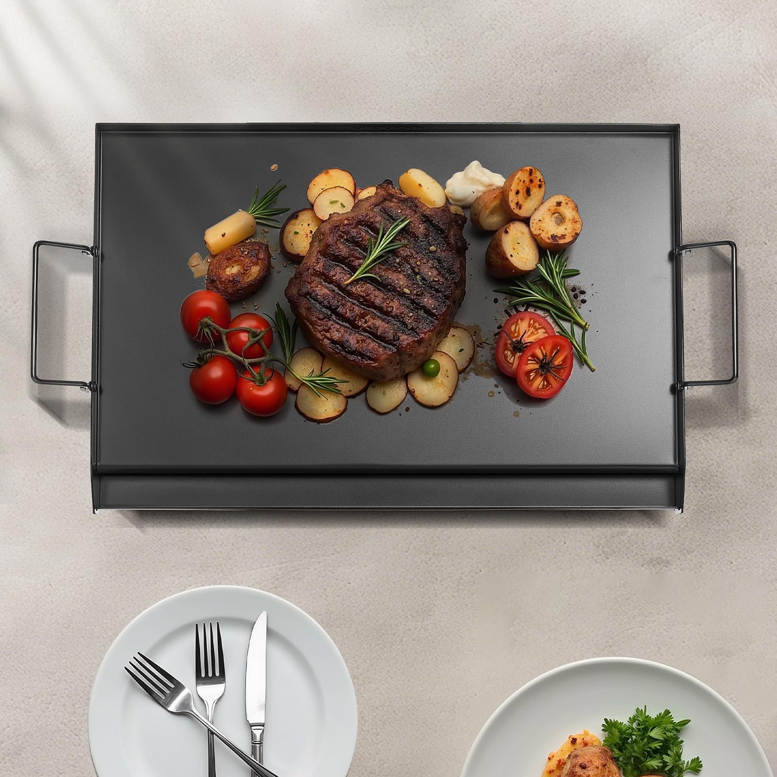VEVOR Parrilla de Acero al Carbono Universal Rectangular 605 x 360 mm con Superficie Plana Espaciosa, Plancha de Gas para Barbacoa, Teppanyaki, Utensilios de Cocina Familiares Portátiles con Asa
