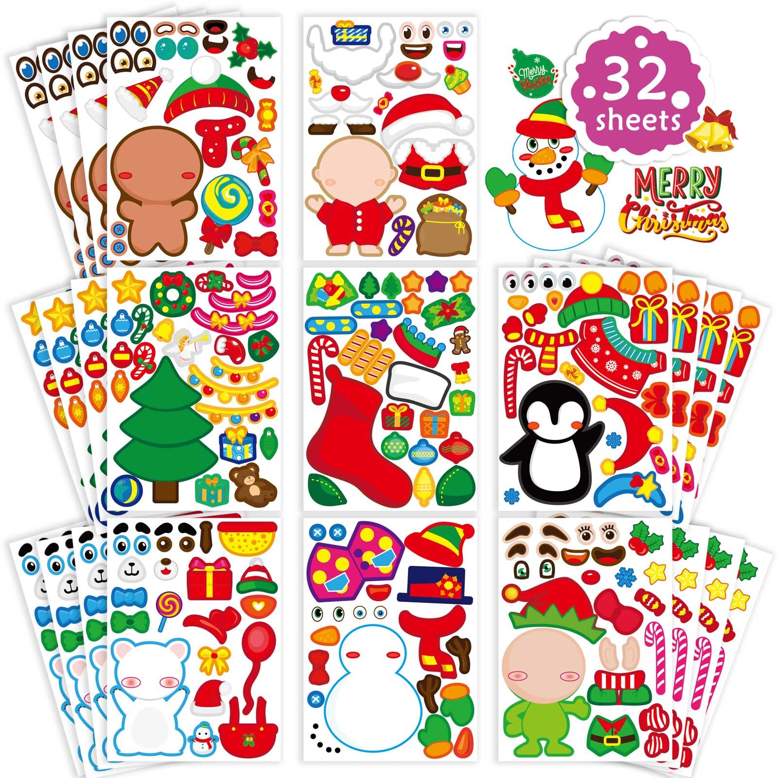 32 PCS Christmas Stickers Make-a-face Sticker Sheets Make Your Own Characters Mix and Match Sticker Sheets with Full Body Design Santa Claus, Snowman, Elf and More Christmas Kids Party Favor Supplies