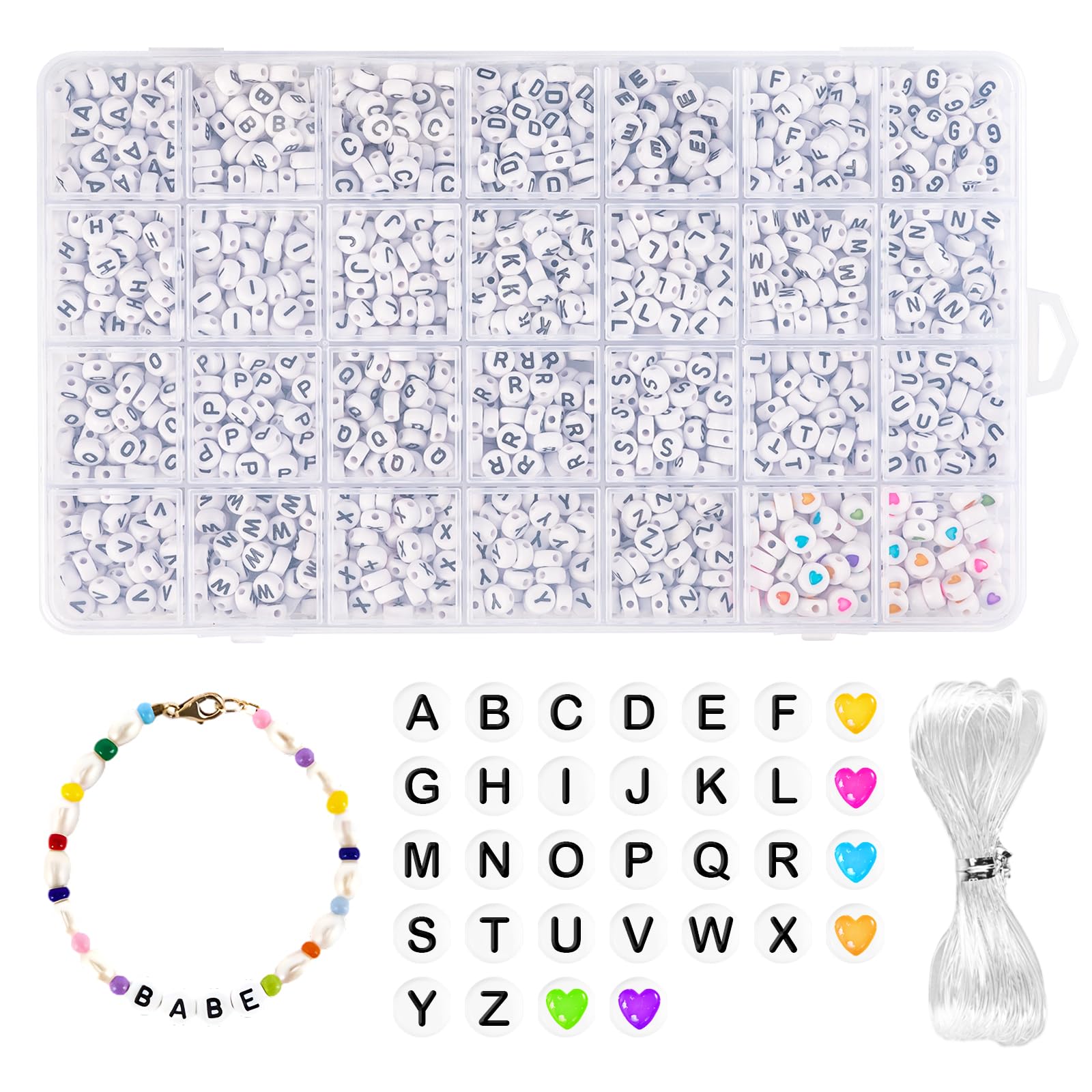 1400+ pezzi Set di perline di lettere per braccialetti, set di perline a forma di cuore colorate in bianco e nero con elastico da 5 m per braccialetti di amicizia per bambini,braccialetti per capelli