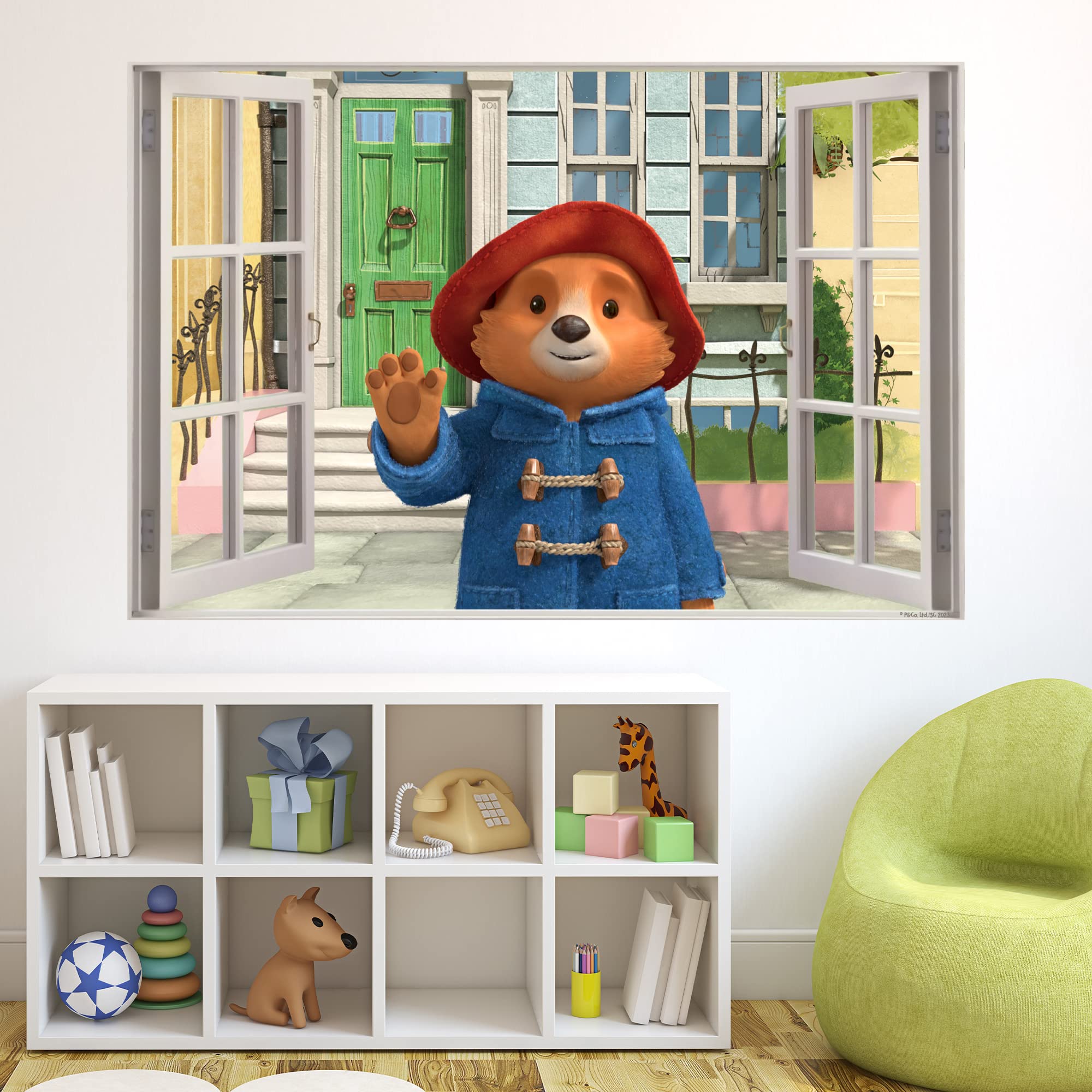 Themed Pink Paddington Tv Wall Sticker - Waving Through Window Wall Decal Kids Art (120Cm Width X 80Cm Height)