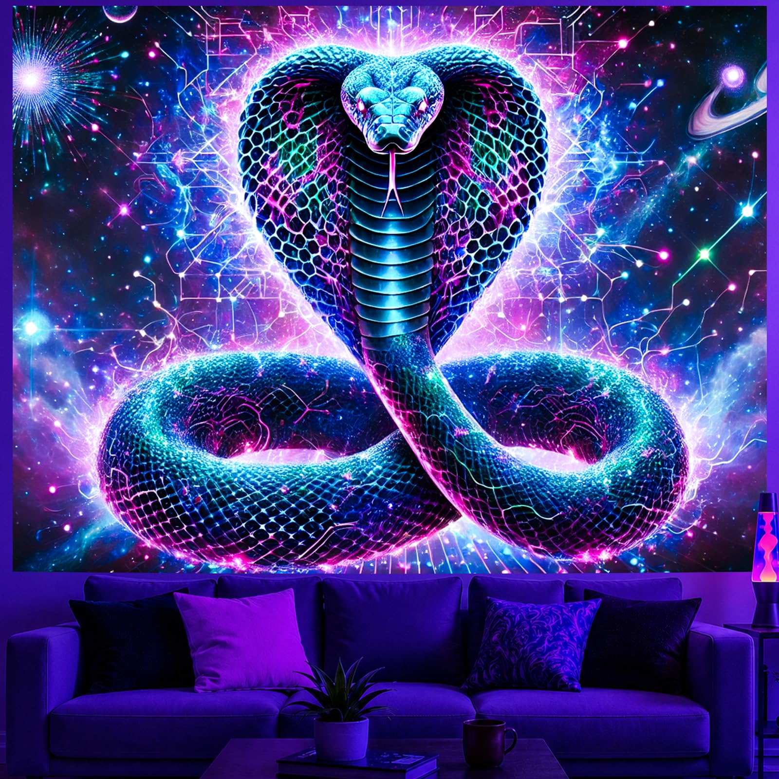 BlissYard Blacklight Tapestry Cobra Snake UV Wall Art 78 x 59 Inch