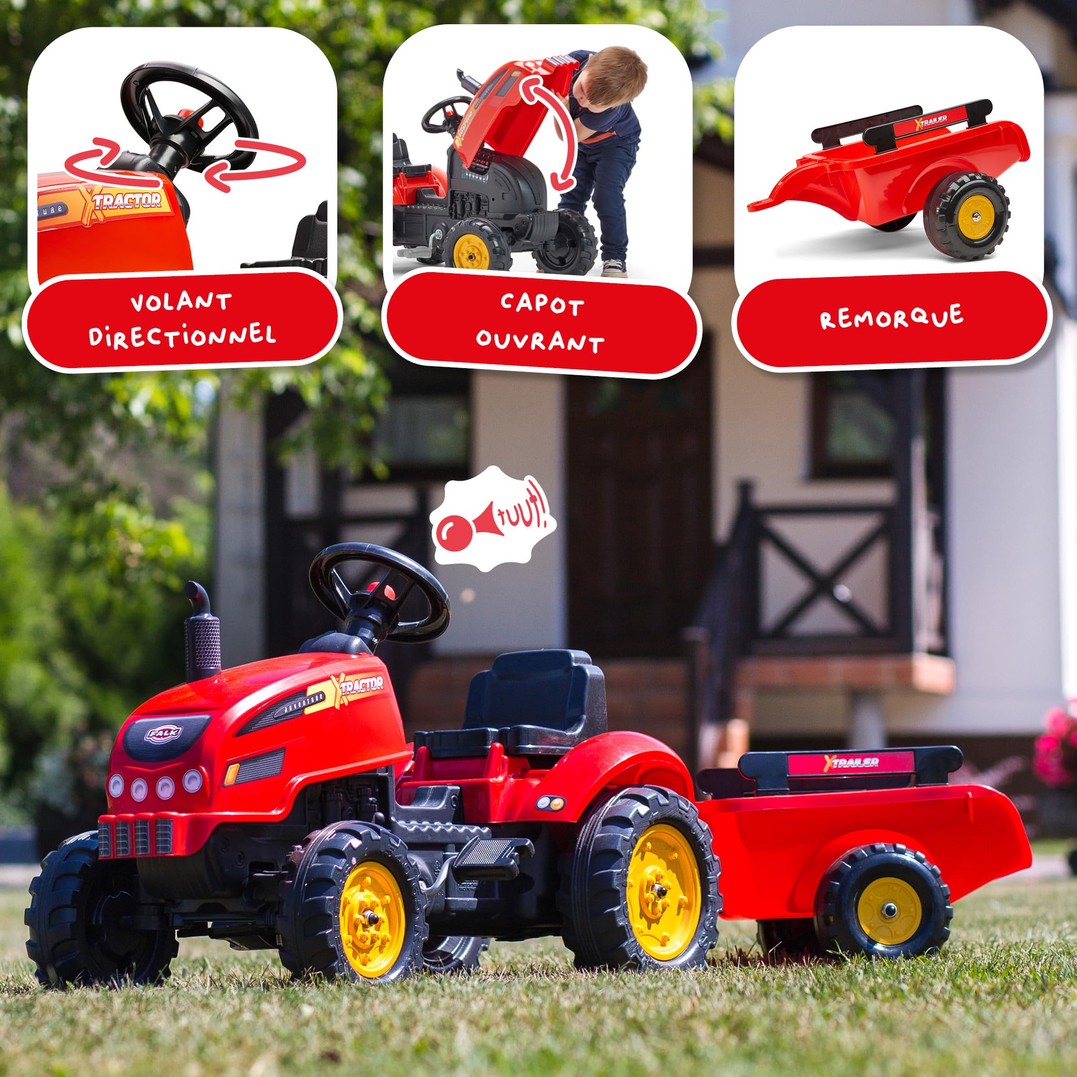FALK - Traktor X Tractor - Czerwony - z otwieraną maską i przyczepą - Wyprodukowano we Francji - Od 2 lat - 2046AB