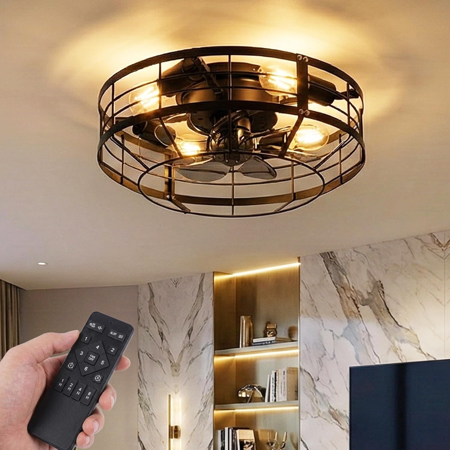 Caged Ceiling Fan with Light, 16 Inch Farmhouse Round Flush Mount Fan Lights Ceiling Fixtures, Need Assembly, 6 Speeds Reversible Motor Small Bladeless Ceiling Fans for Bedroom, Living Room