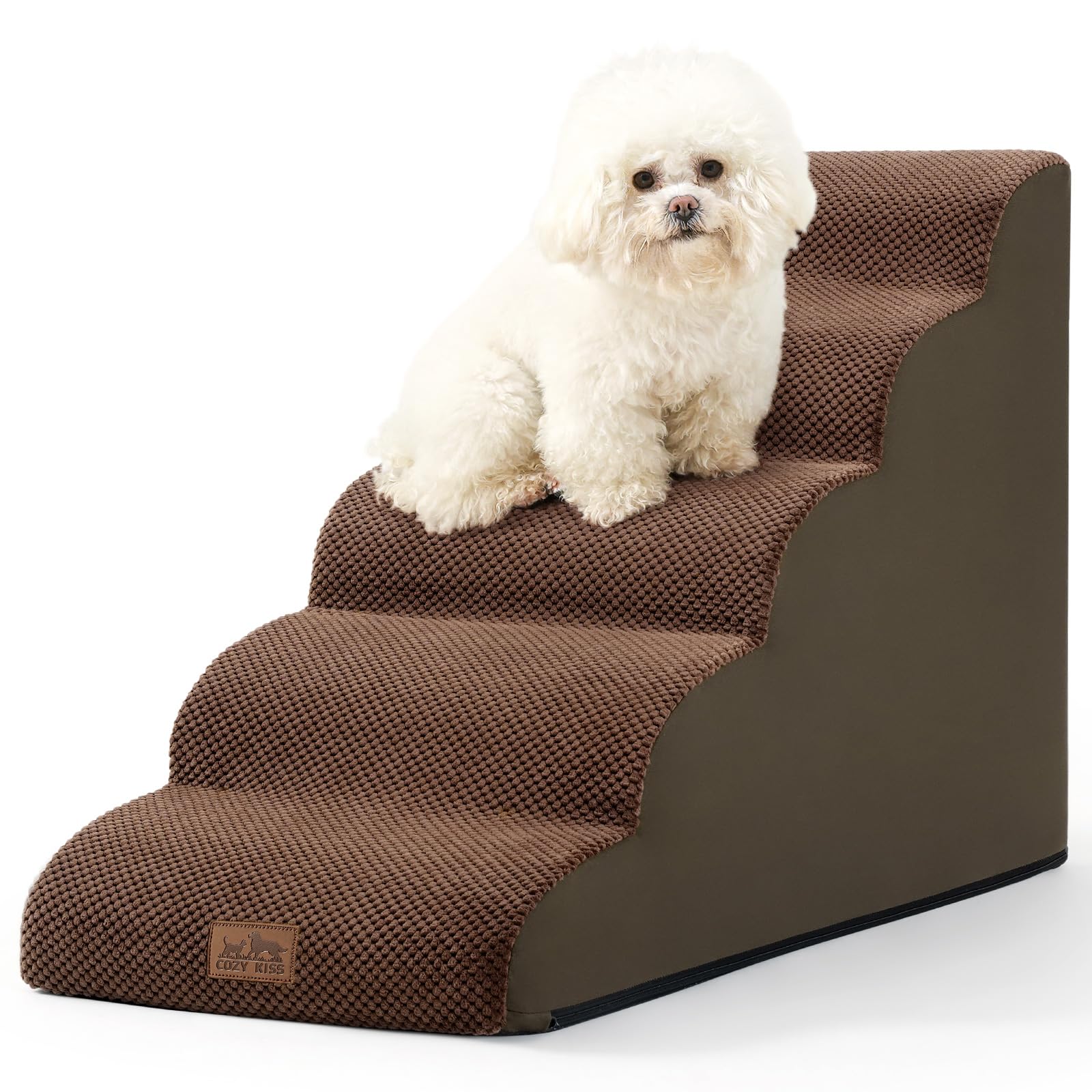 COZY KISS Hundetreppe für Kleine Hunde, Haustiertreppe für Couch aus Hochdichtem Schwamm, Hunde Treppe Hunderampe mit Waschbarem Bezug und Rutschfestem Boden (Braun, 5 Stufen (40x84x57cm), 5)