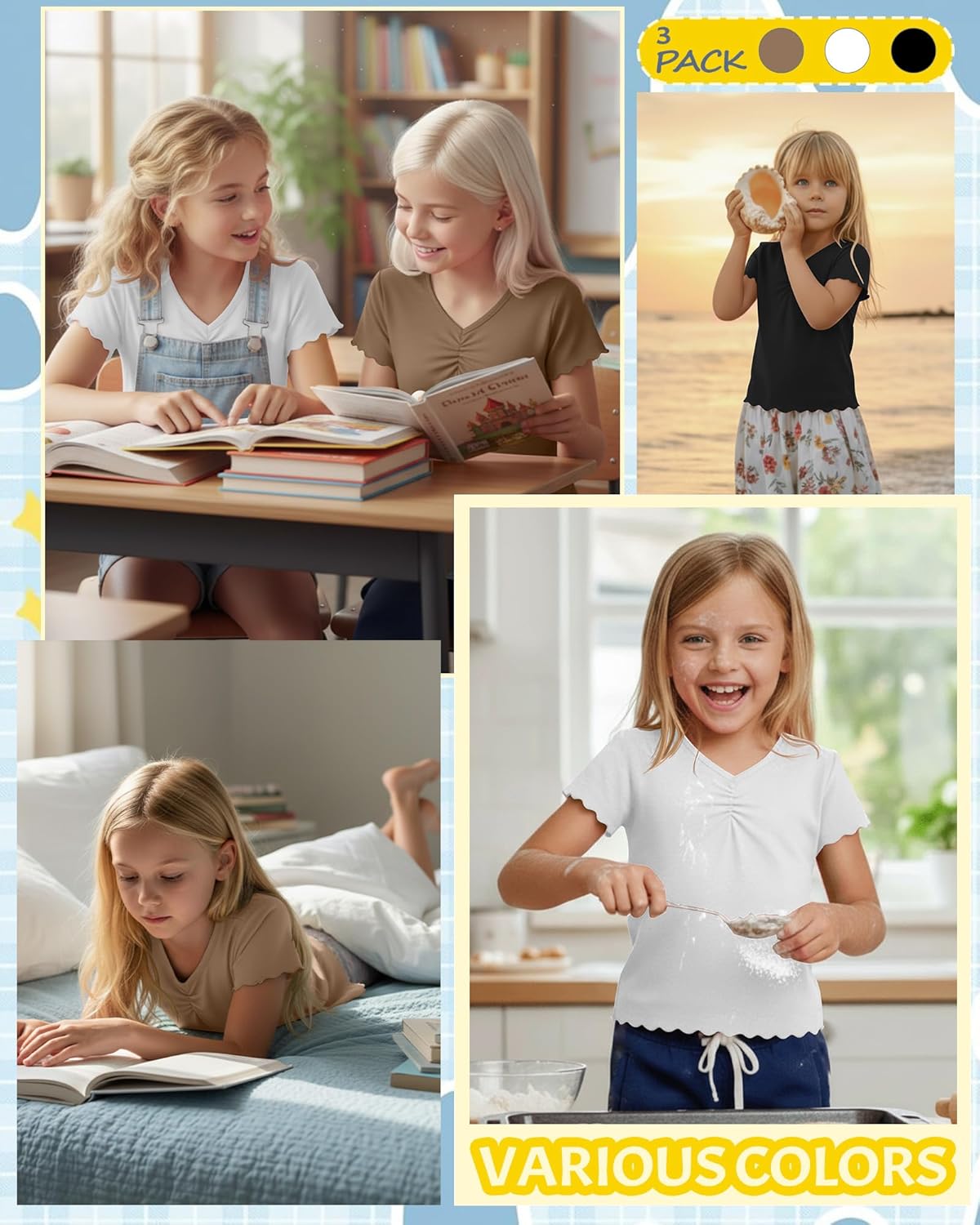 3 Pack Girls Short Sleeve Tops V Neck Loose Fit Baggy Chest Ruched Tees Kids Youth Basic Casual Soft Shirts Summer - Image 4